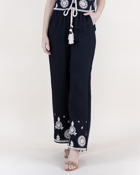 Medallion Embroidered Rope Belt Wide Leg Pants