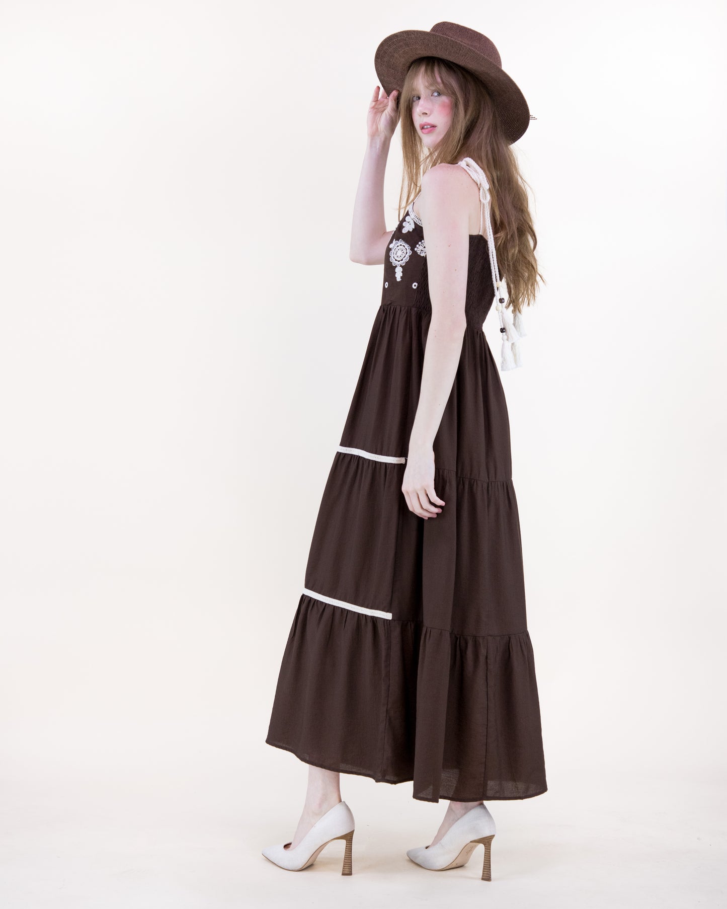 Medallion Embroidered Bodice Rope Straps Maxi Dress