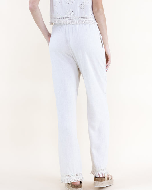 Linen Eyelet Embroidered Fringe Hems Wide Leg Pants