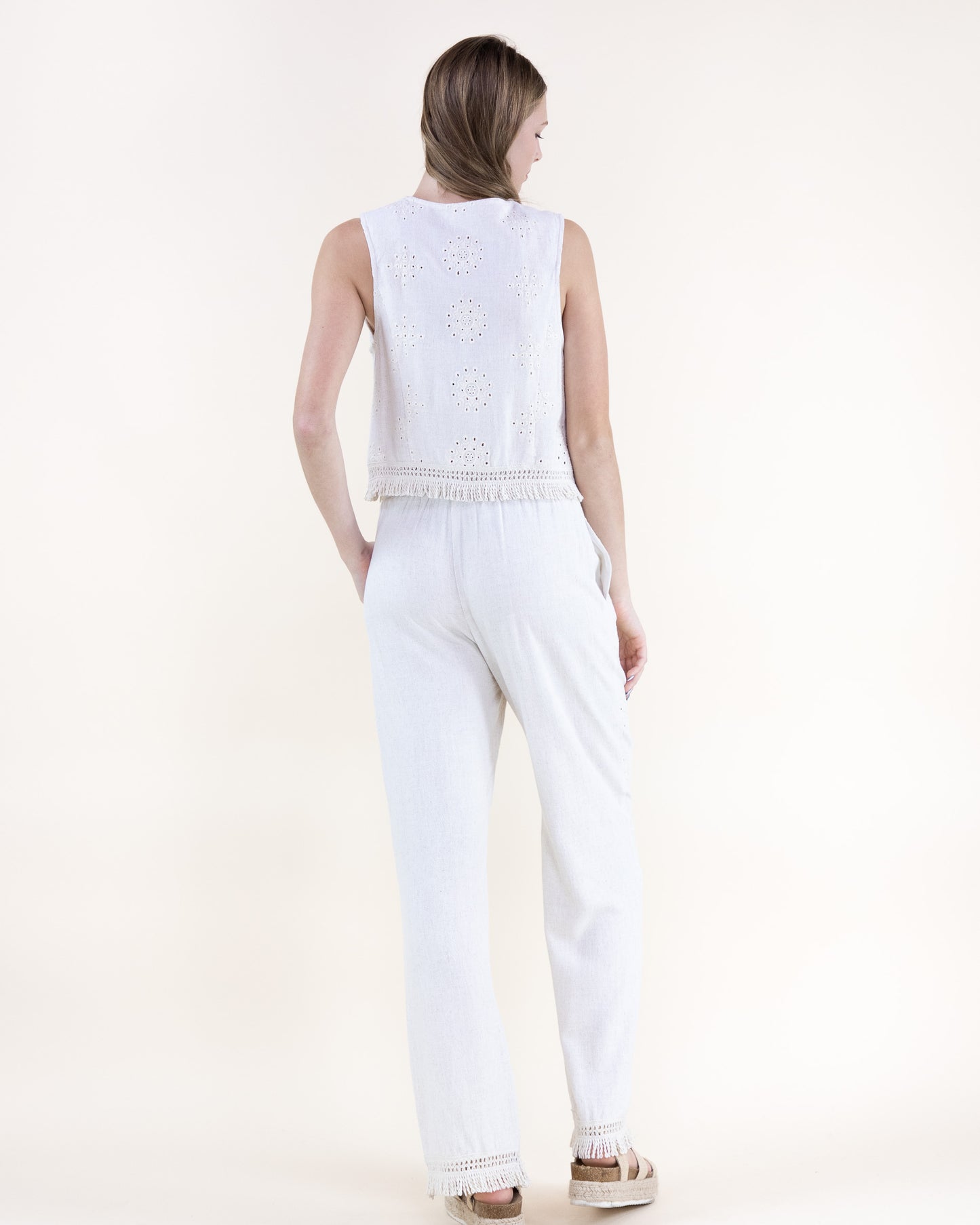 Linen Eyelet Embroidered Double Tie Vest
