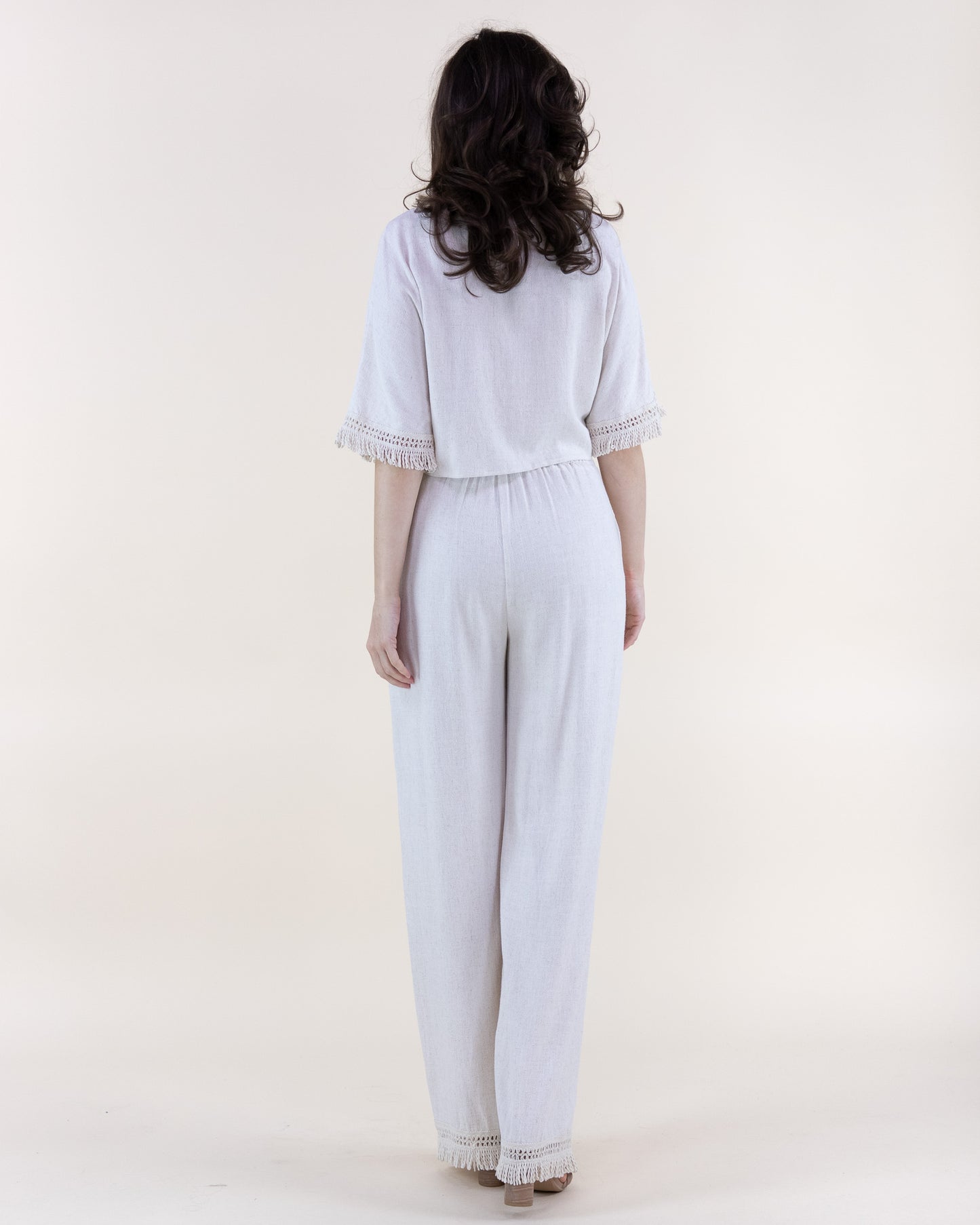 Linen Eyelet Embroidered Fringe Sleeves Tie-Front Shirt