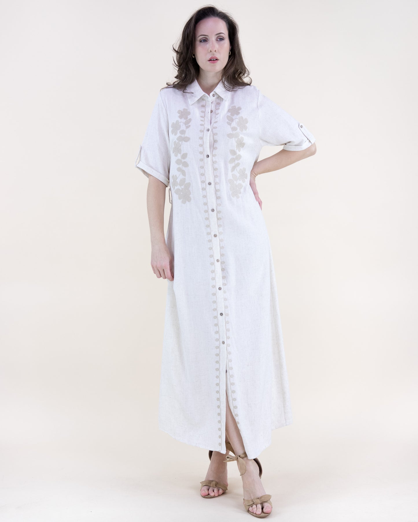 Linen Floral Embroidered Belted Shirt Dress