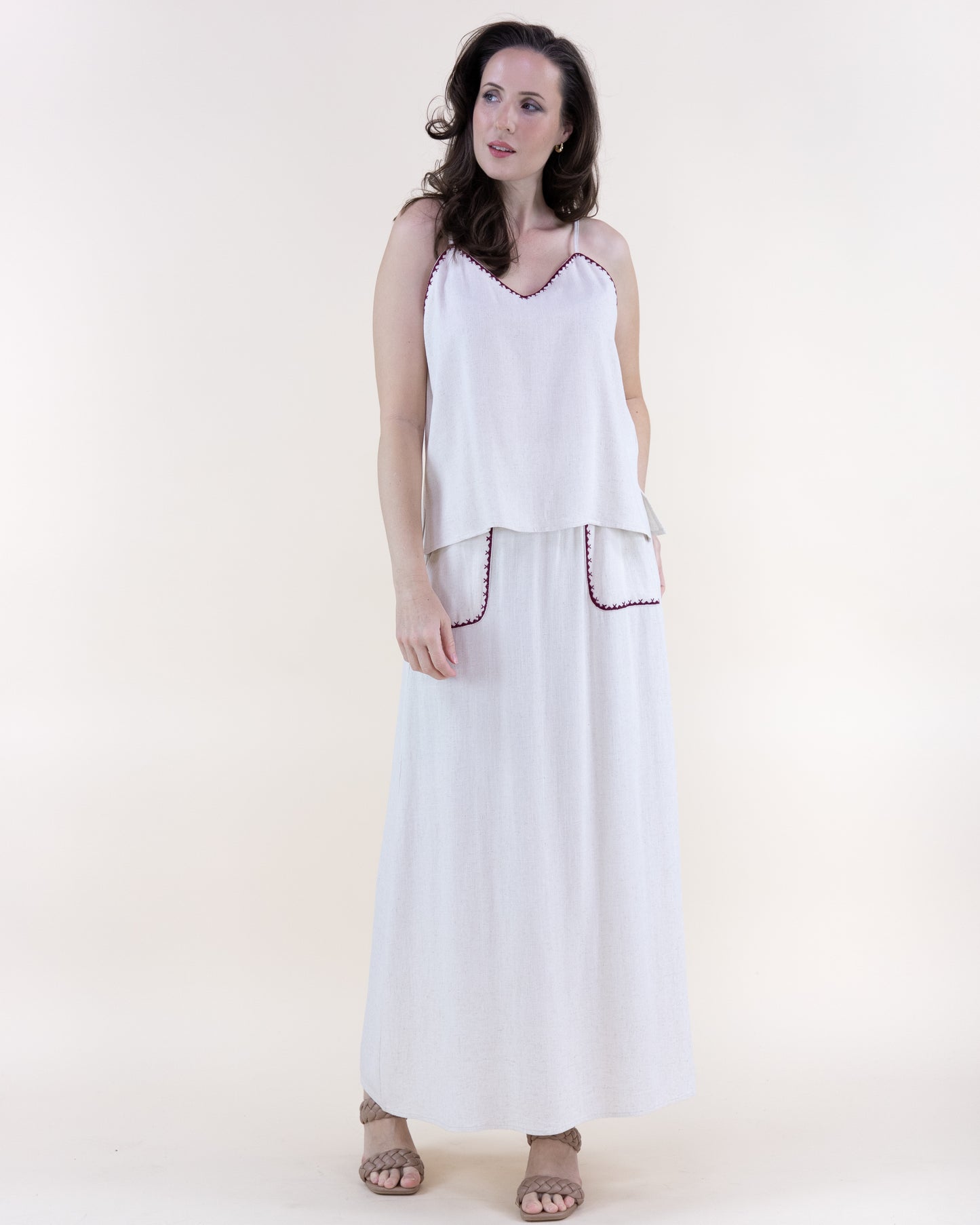 Linen Embroidered Edge Stitch Maxi Skirt