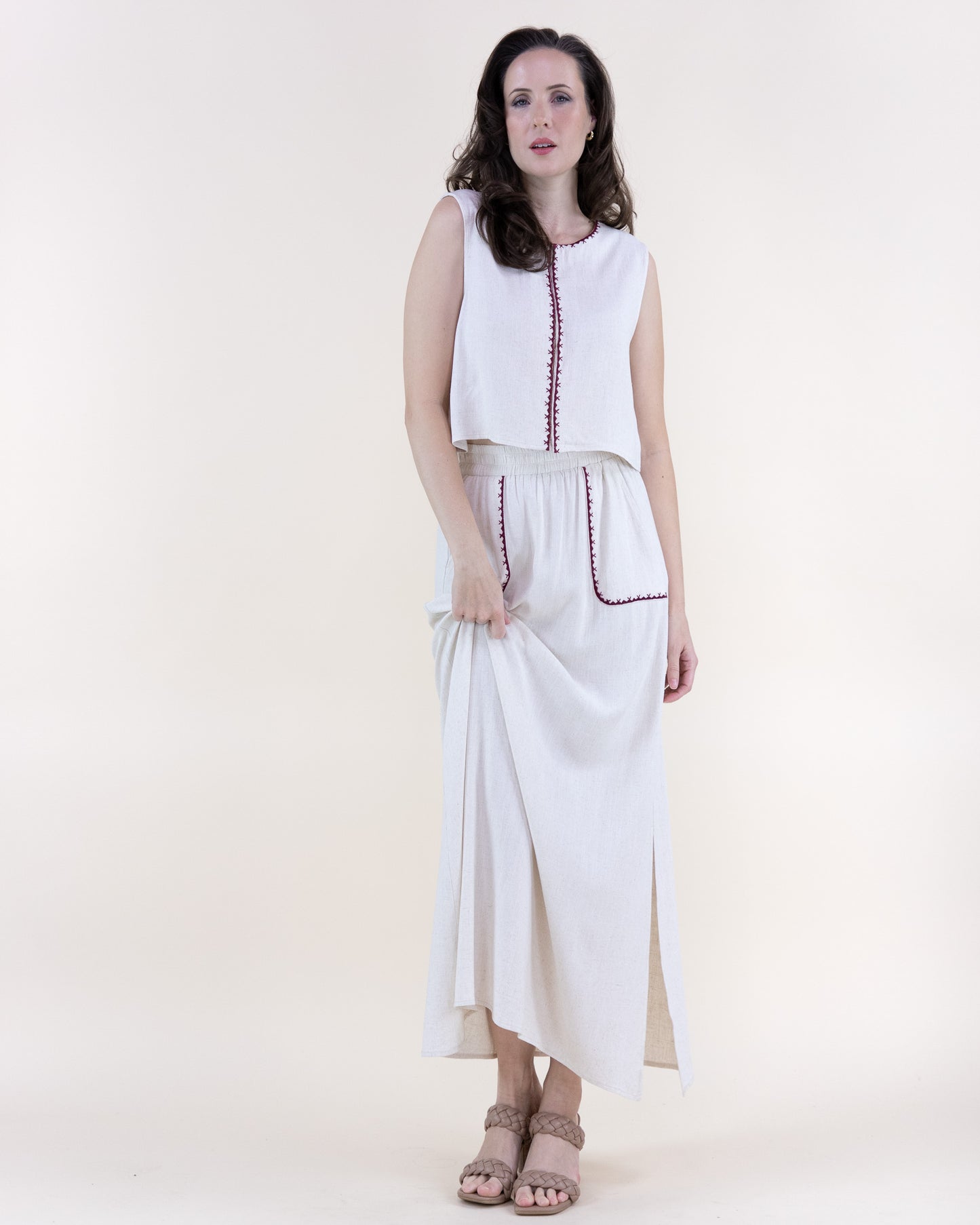 Linen Embroidered Edge Stitch Hook & Eye Crop Top