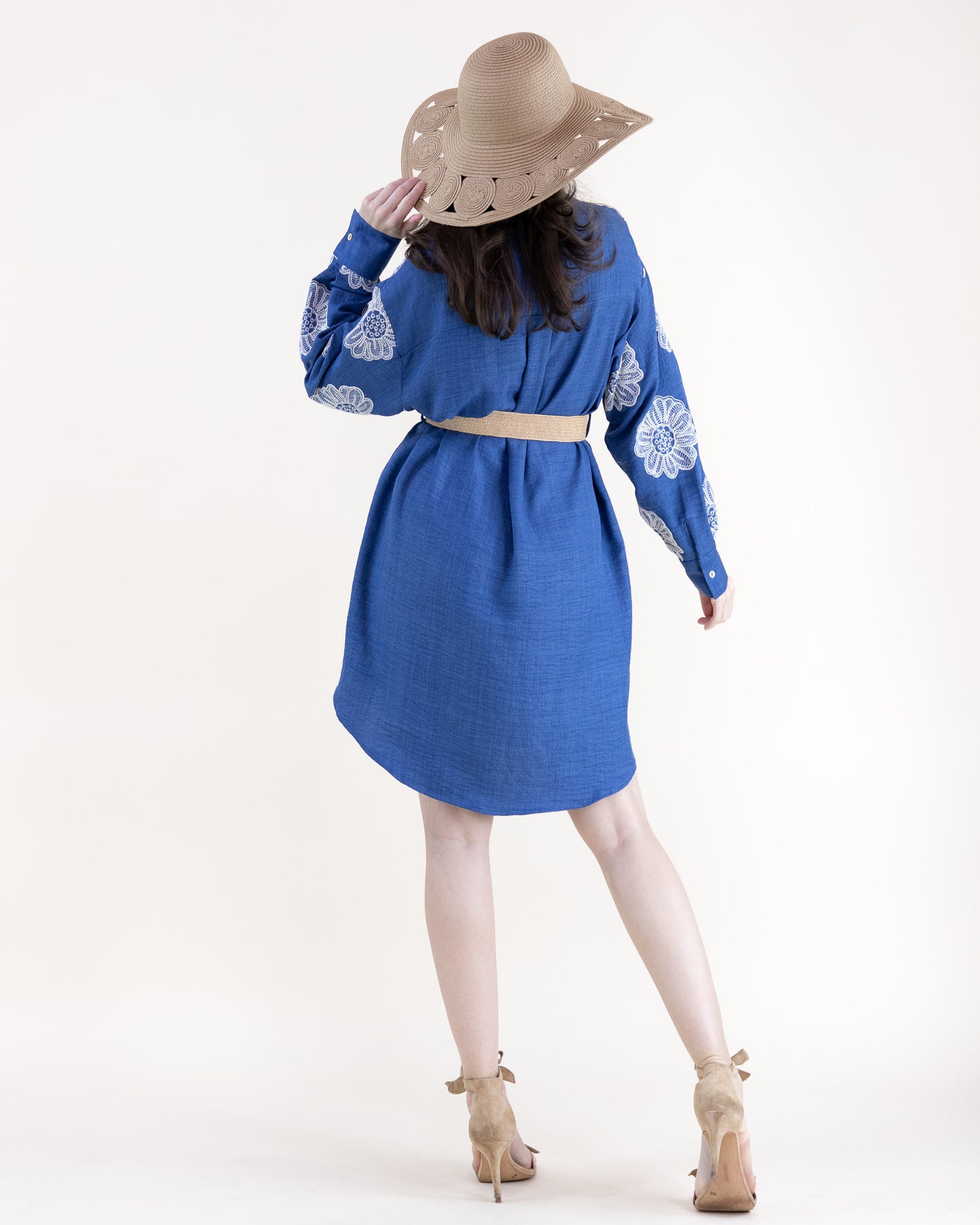 Floral Embroidered Belted Cotton Blend Midi Shirt Dress