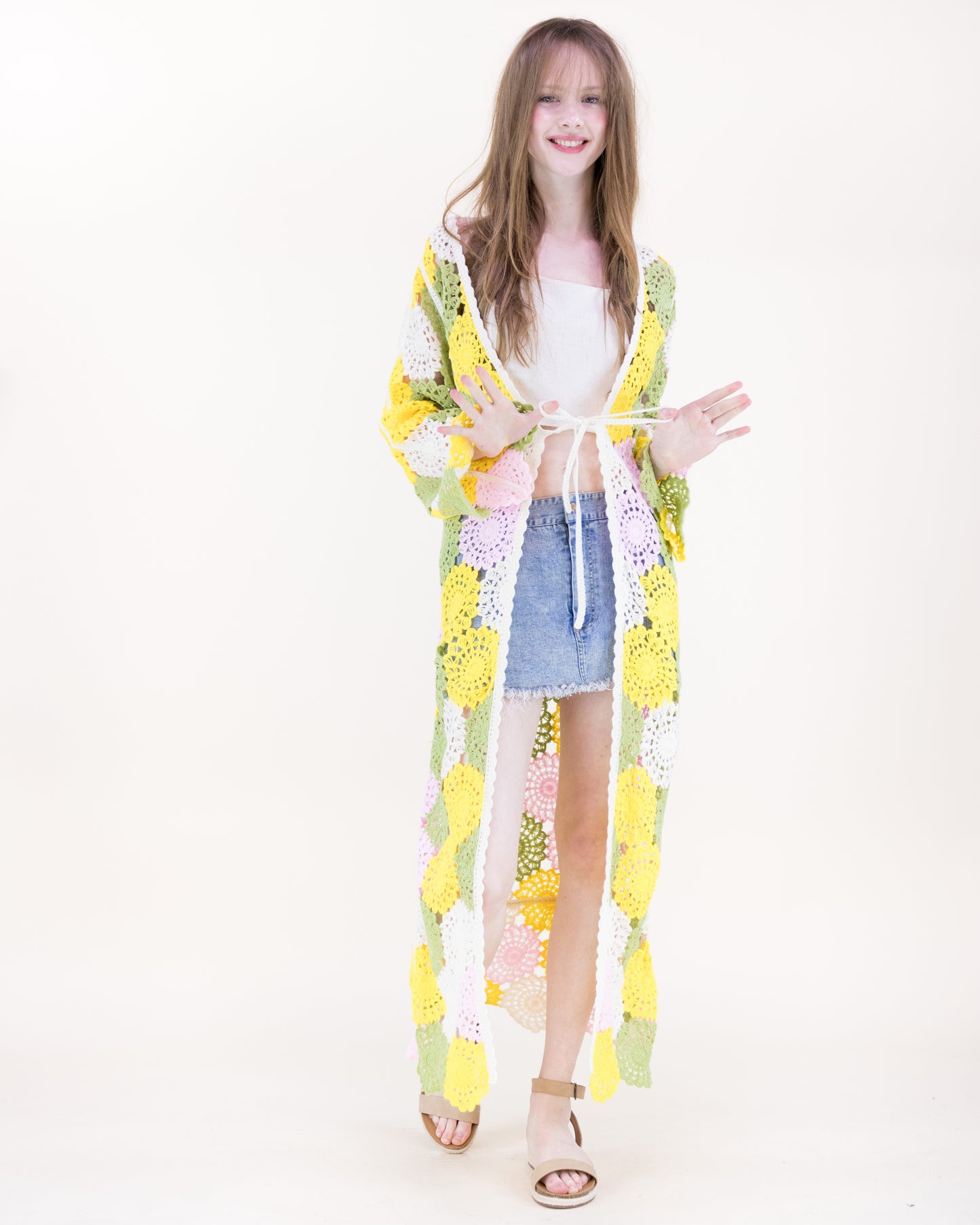 Doily Mosaic Front-tie Maxi Crochet Cardigan