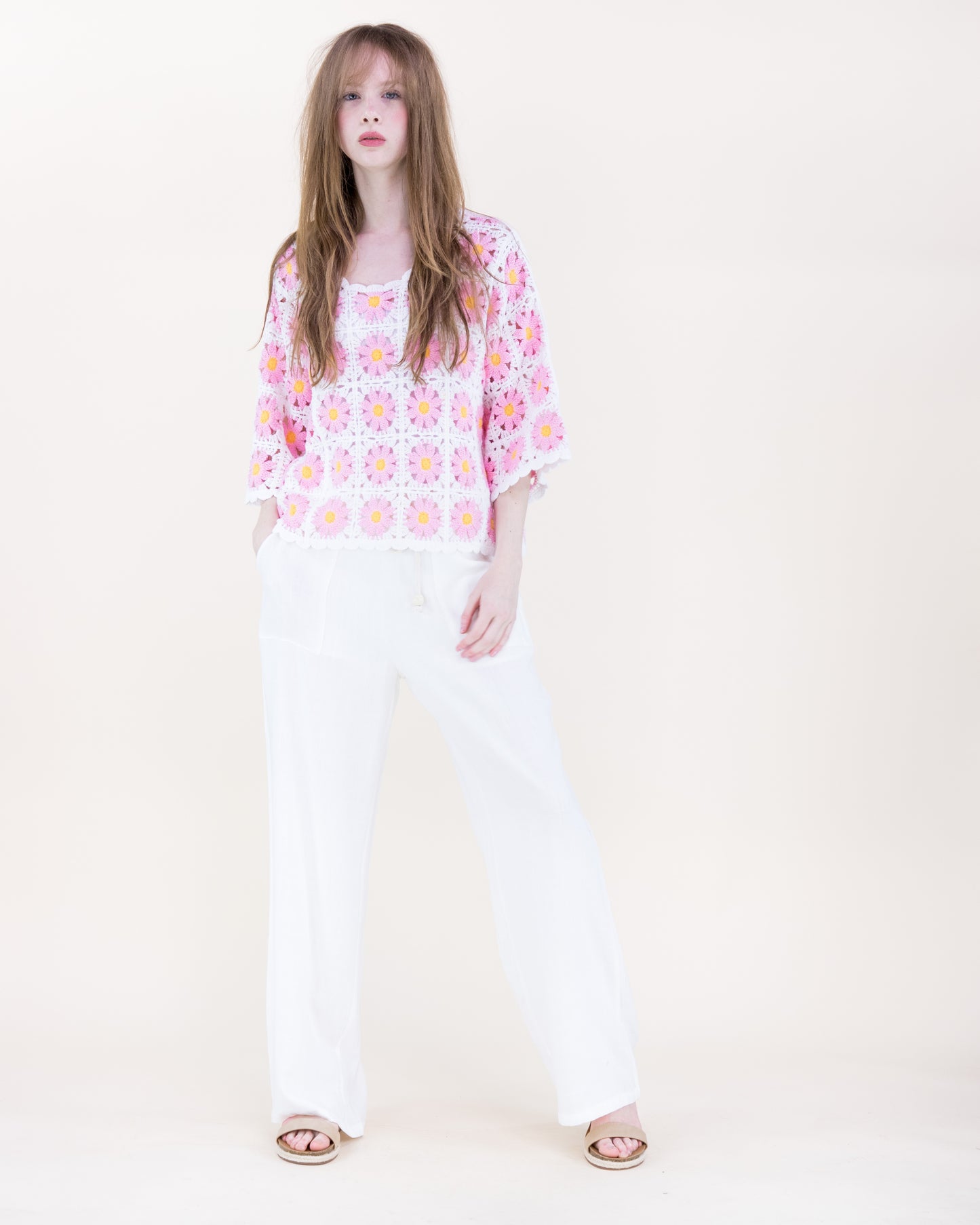 Daisy Cotton Crochet Quarter Sleeve Summer Sweater