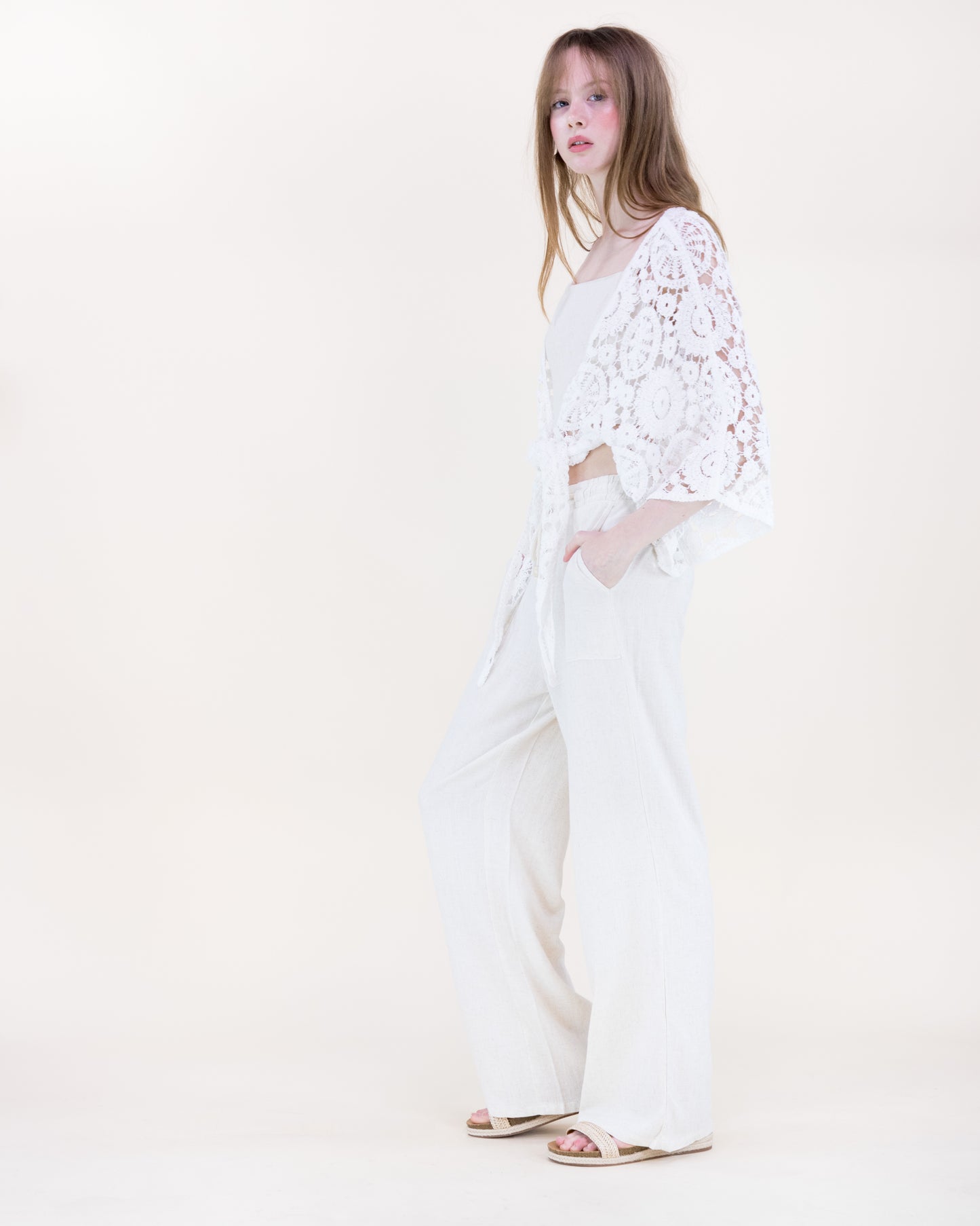 Bohemian Doily Front Tie Kimono Sleeve Crochet Top