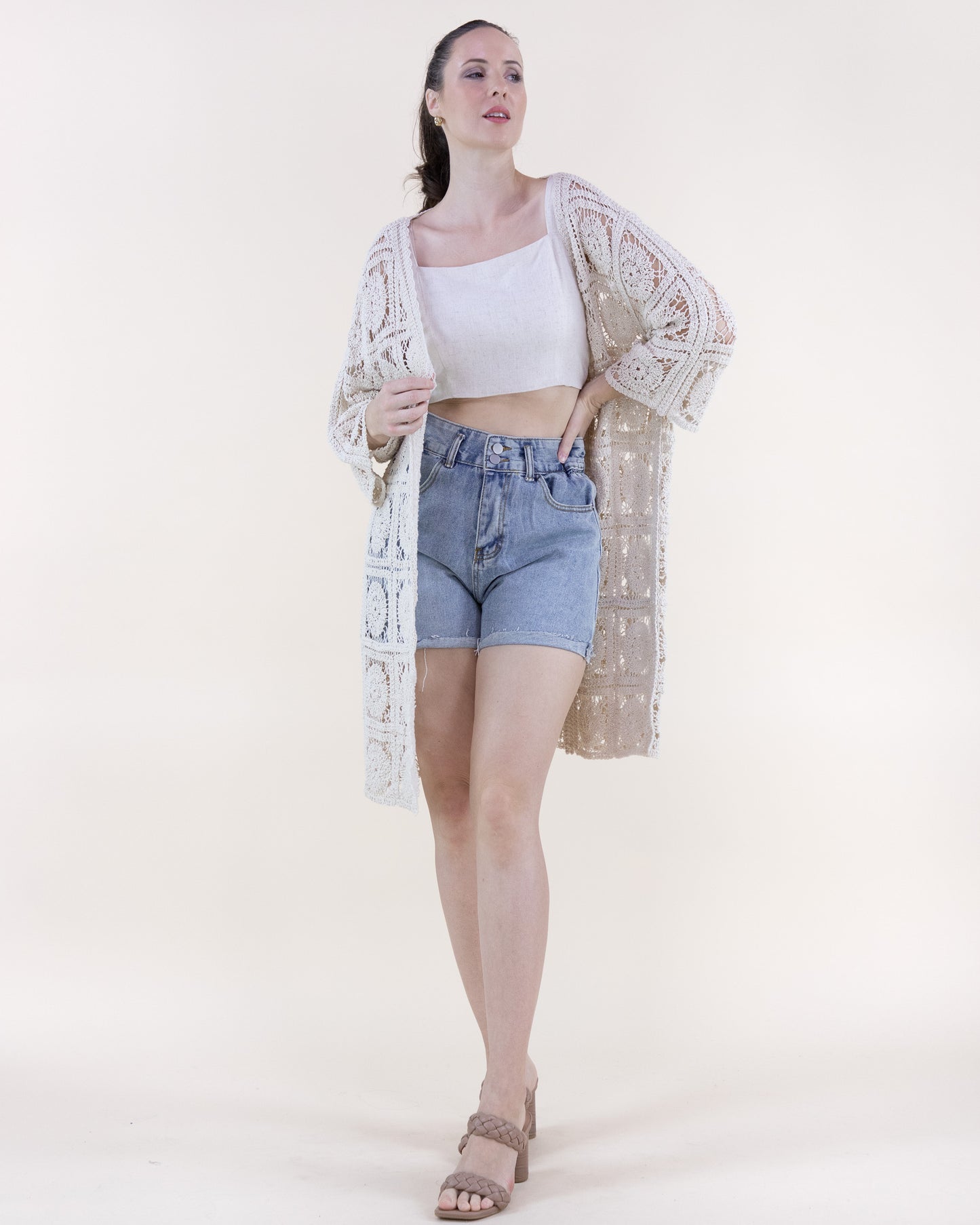 Cotton Medalion Squares Crochet Front Tie Cardigan