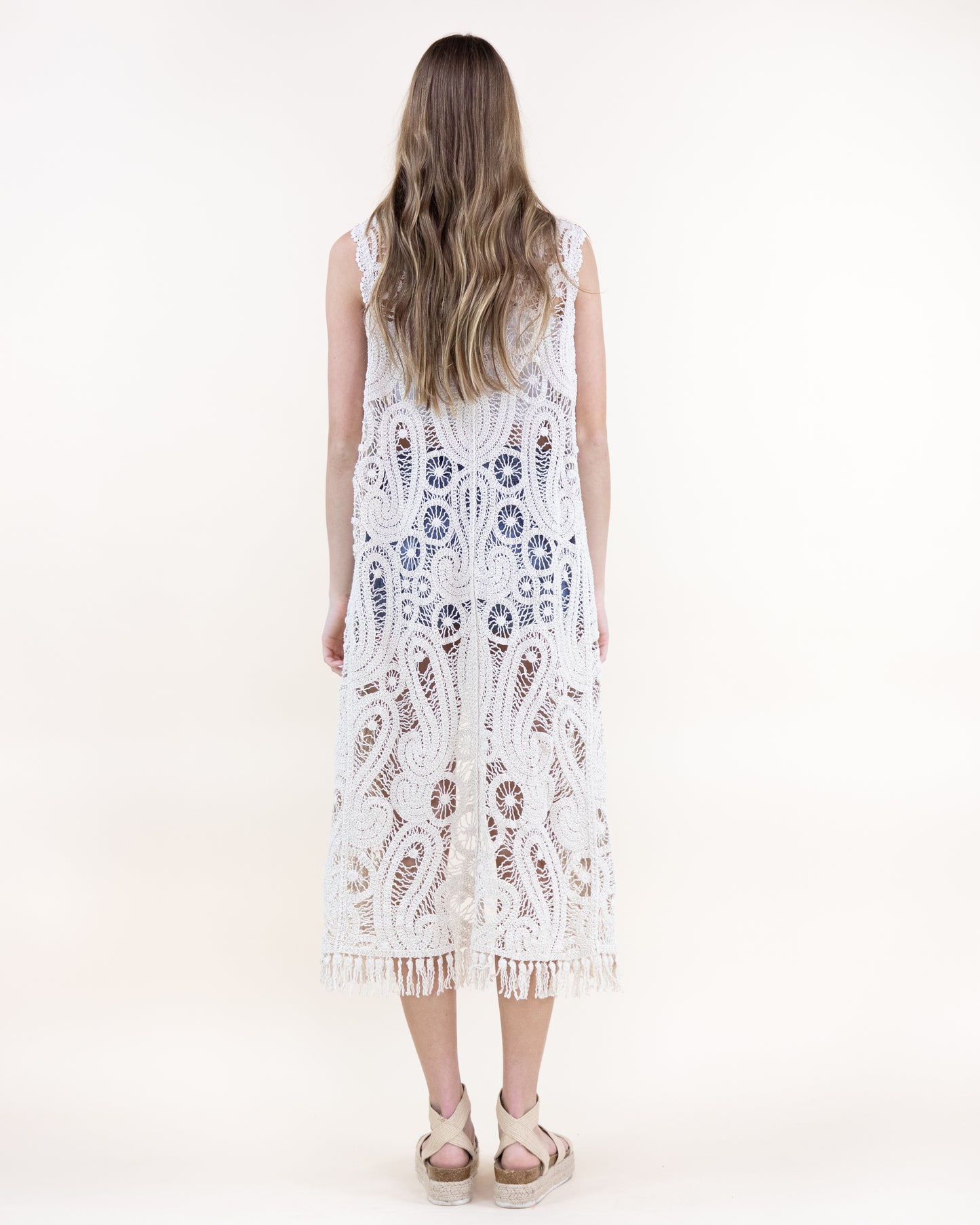 Cotton Crochet Paisley Pattern Button Front Long Vest w/ Fringe