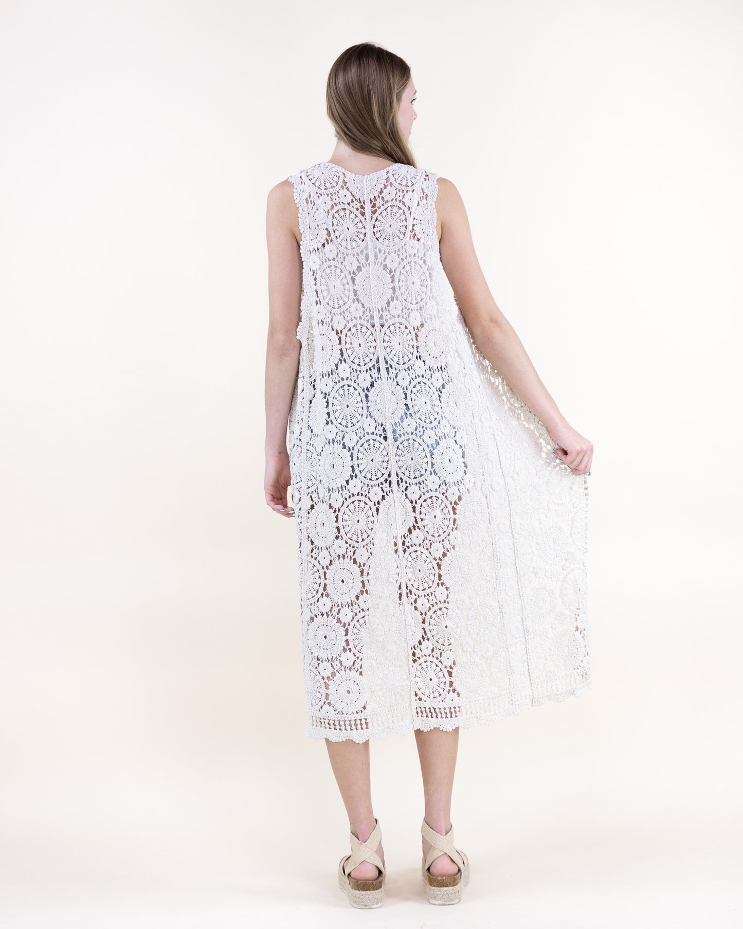 Cotton Bohemian Doily Crochet Button Front Long Vest