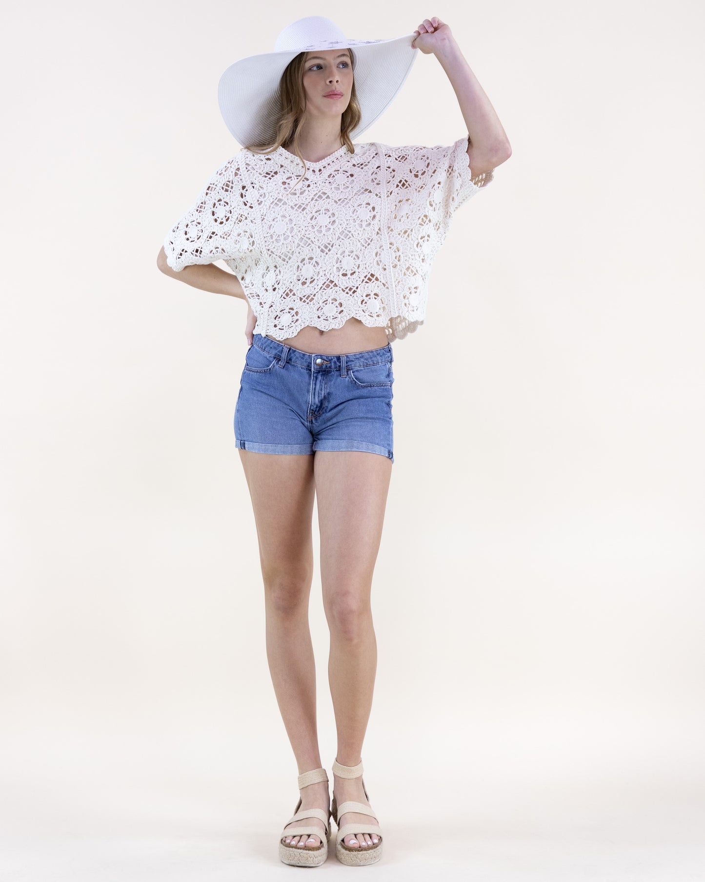 Floral Scalloped Hem Square Crochet Lace Top