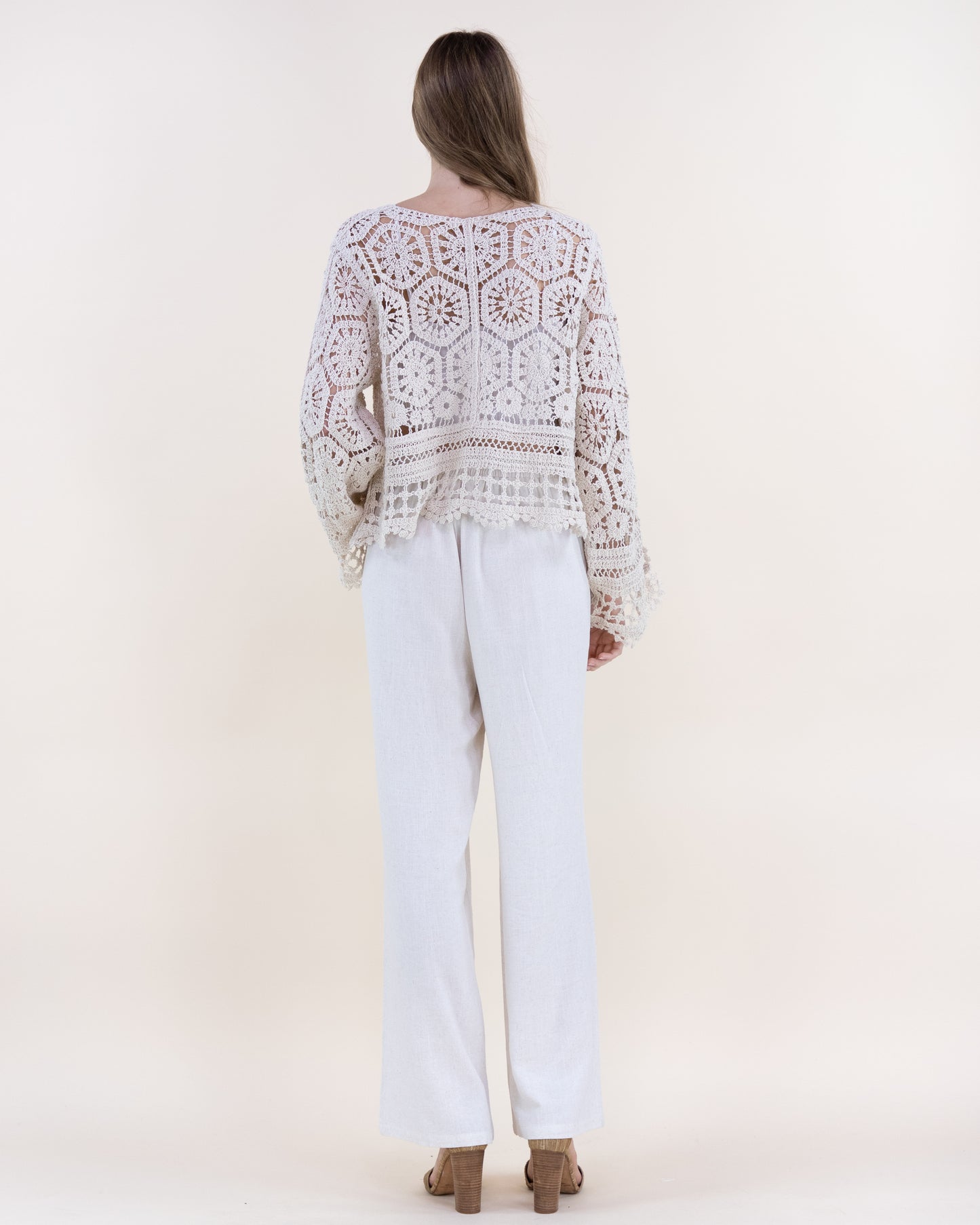 Floral Hexagons Button Front Scalloped Hem Crochet Lace Sweater