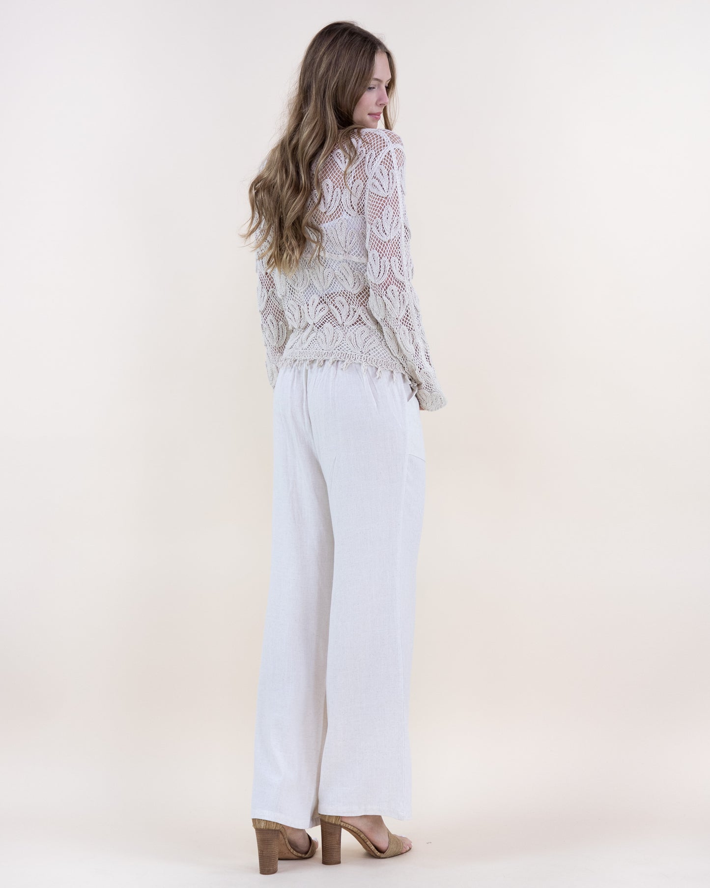 Blooming Cotton Crochet Crew Neck Blouse w/ Fringed Hem
