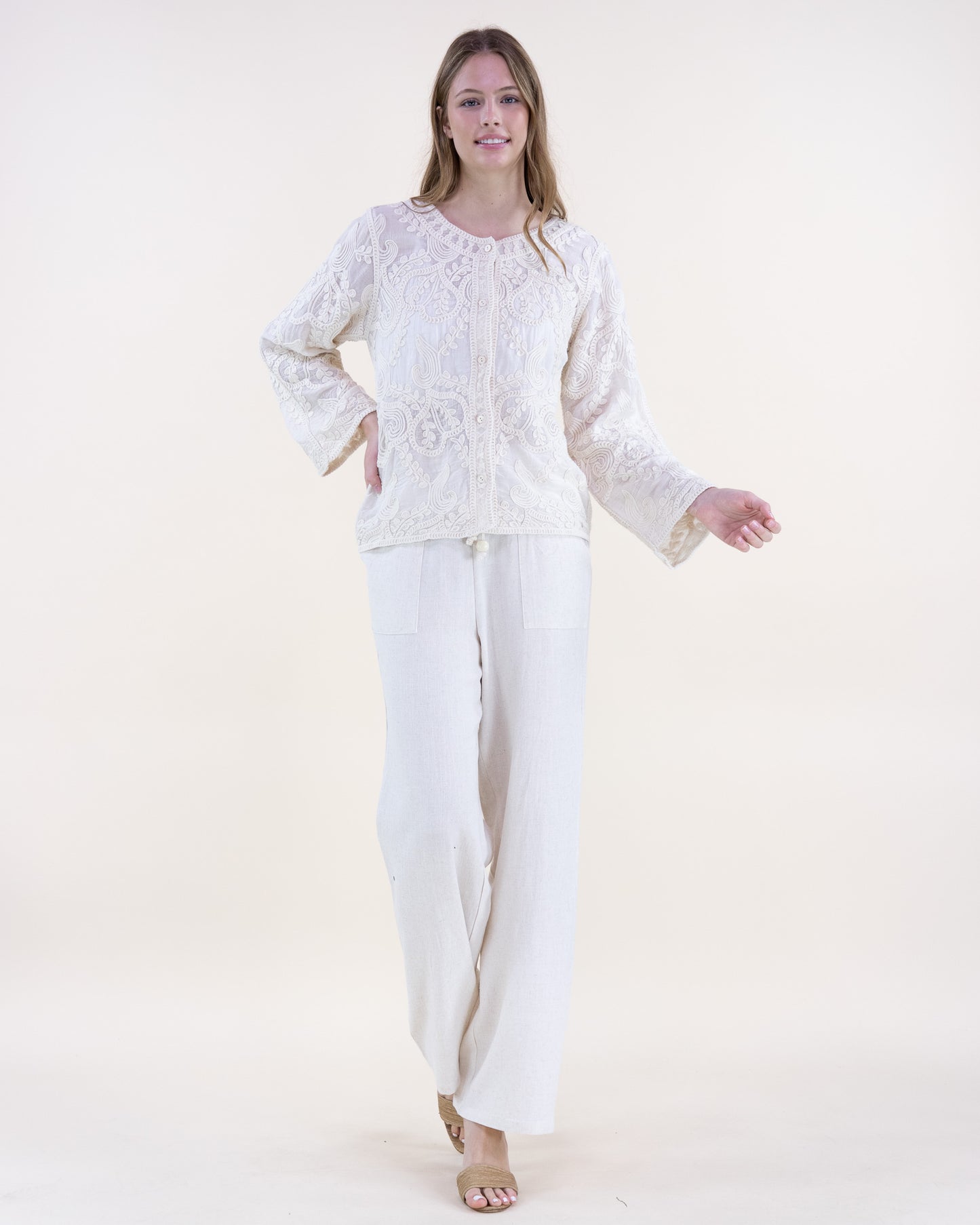 Whimsical Embroidered Cotton Crew Neck Button Up Shirt