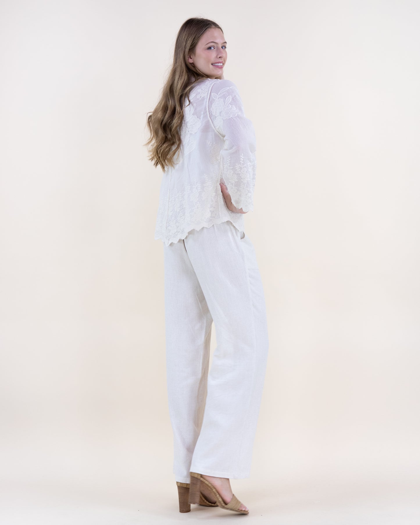 Wild Flower Lacy Cotton Scalloped Hem Button Up Collared Shirt