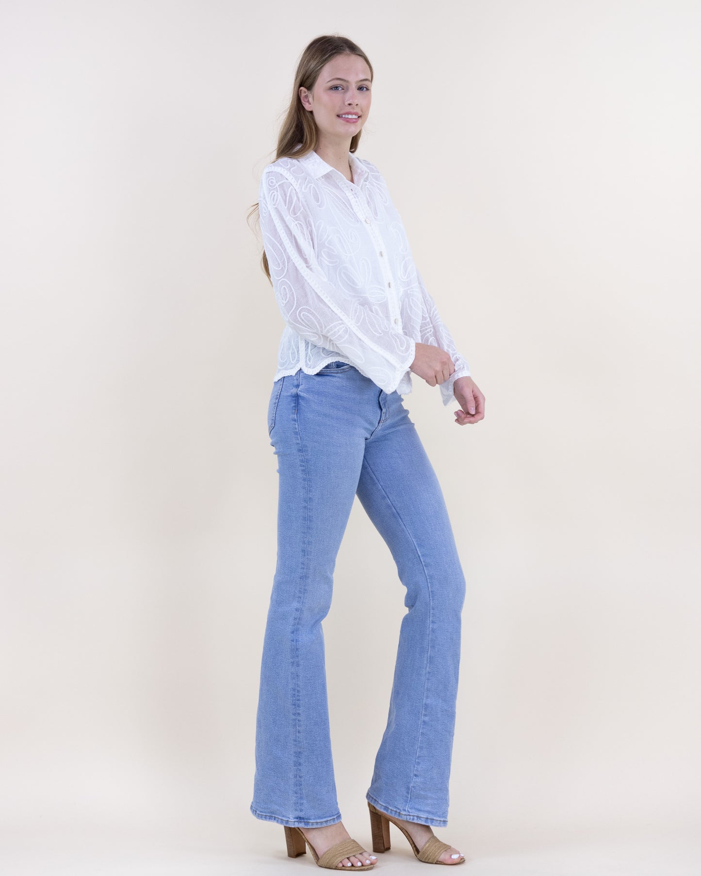 Floral Outline Scalloped Hem Sheer Cotton Button Up Shirt