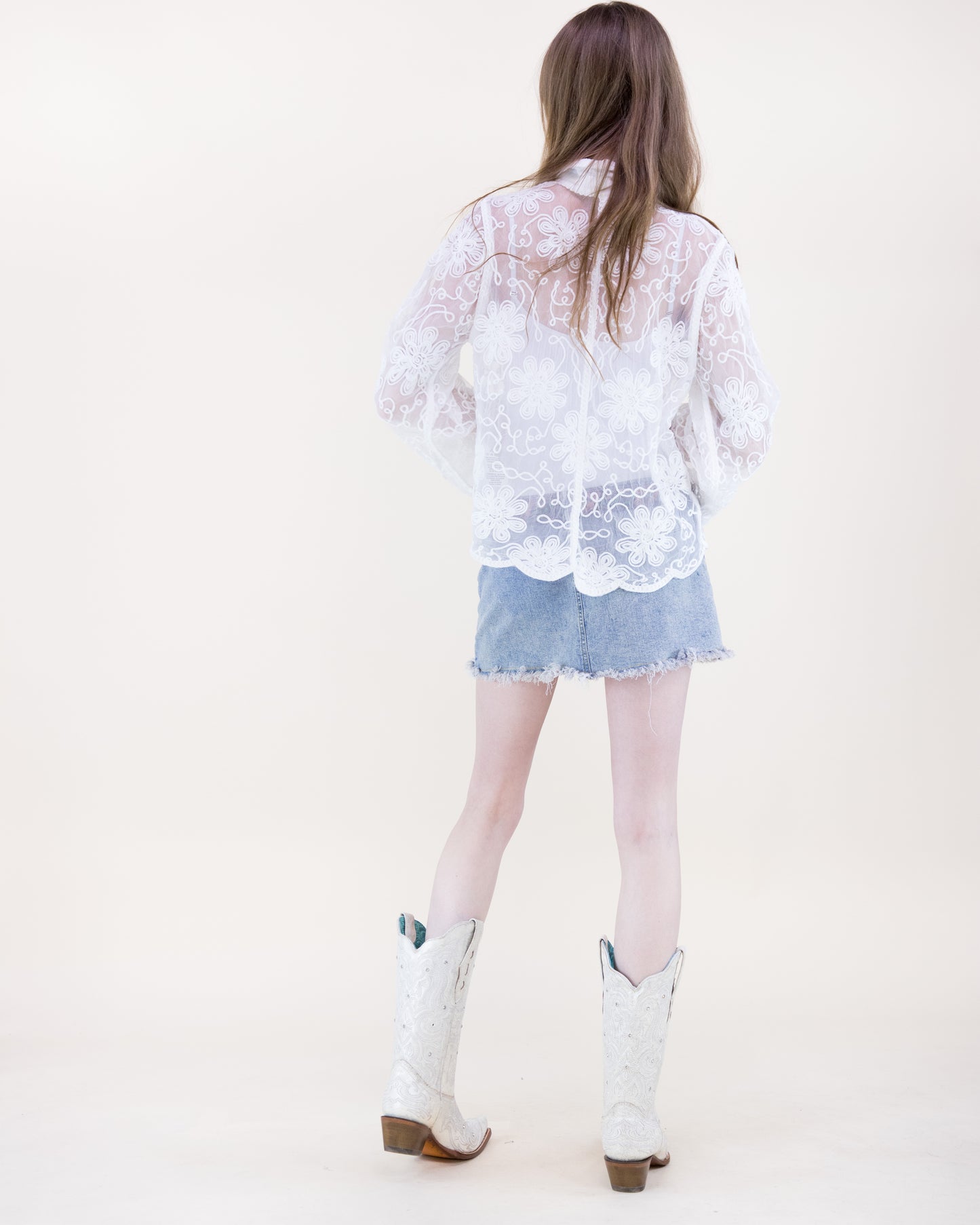 Belle Blossom Sequin Lacework Sheer Long Sleeve Shirt
