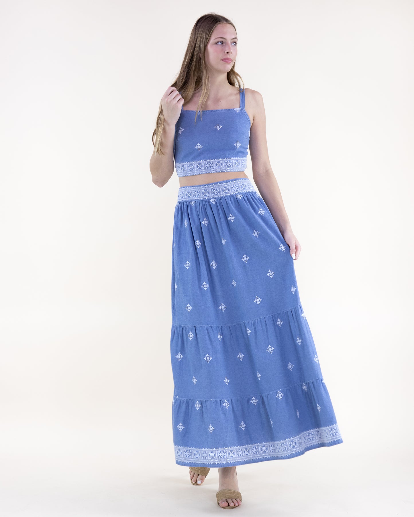 Chambray Diamond Embroidered Square Neck Crop Top