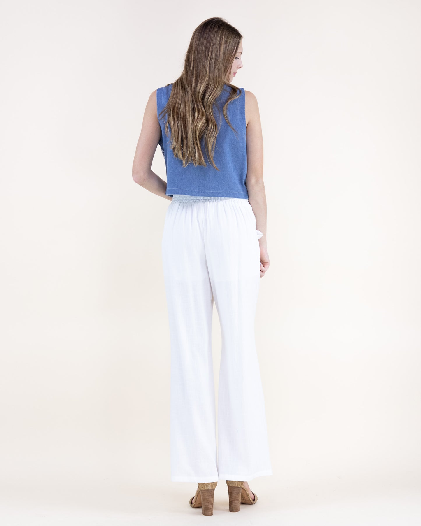 Chambray Embroidered Border V-Neck Open Front Vest