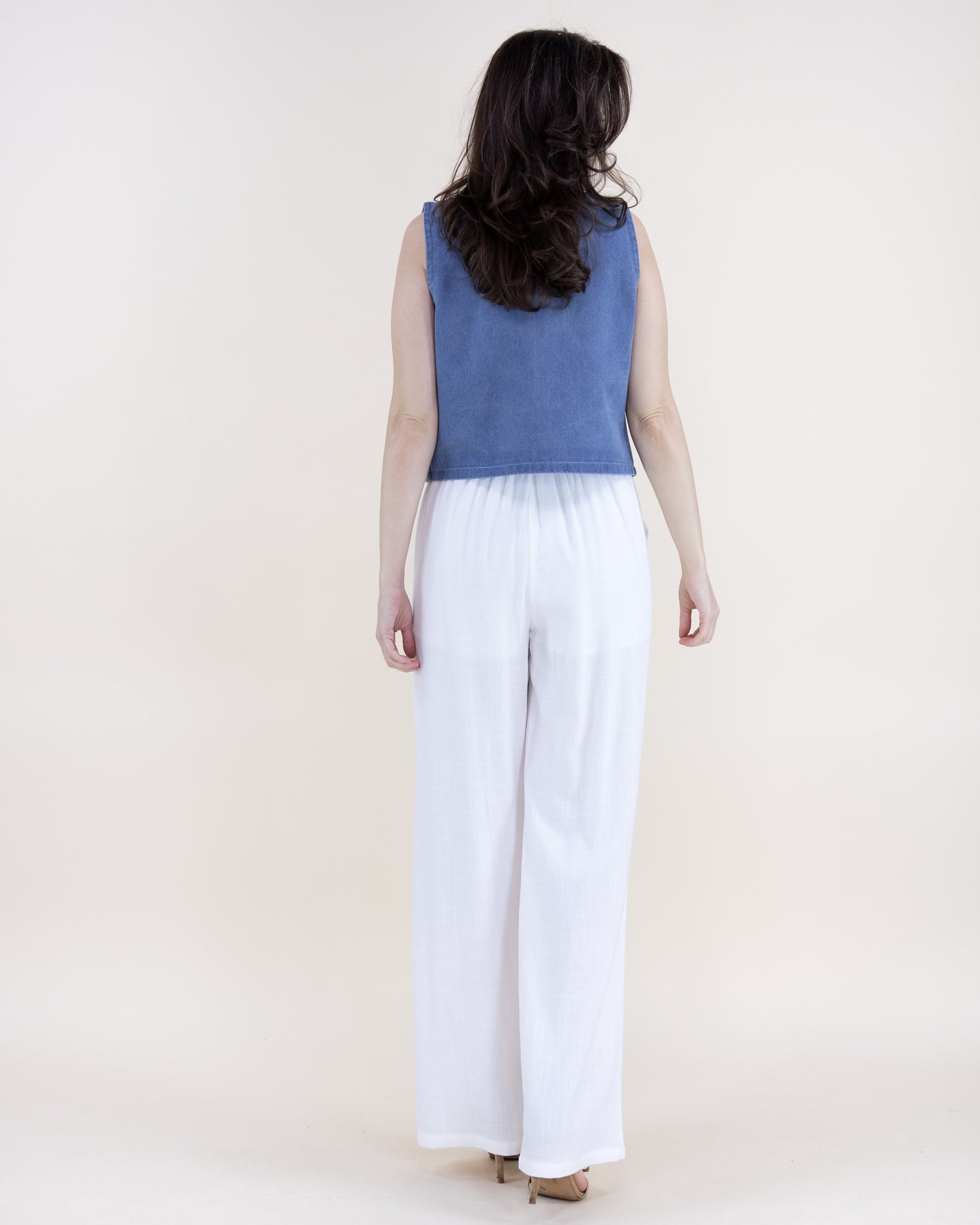 Chambray Floral Petals Embroidered Round Neck Open Front Vest