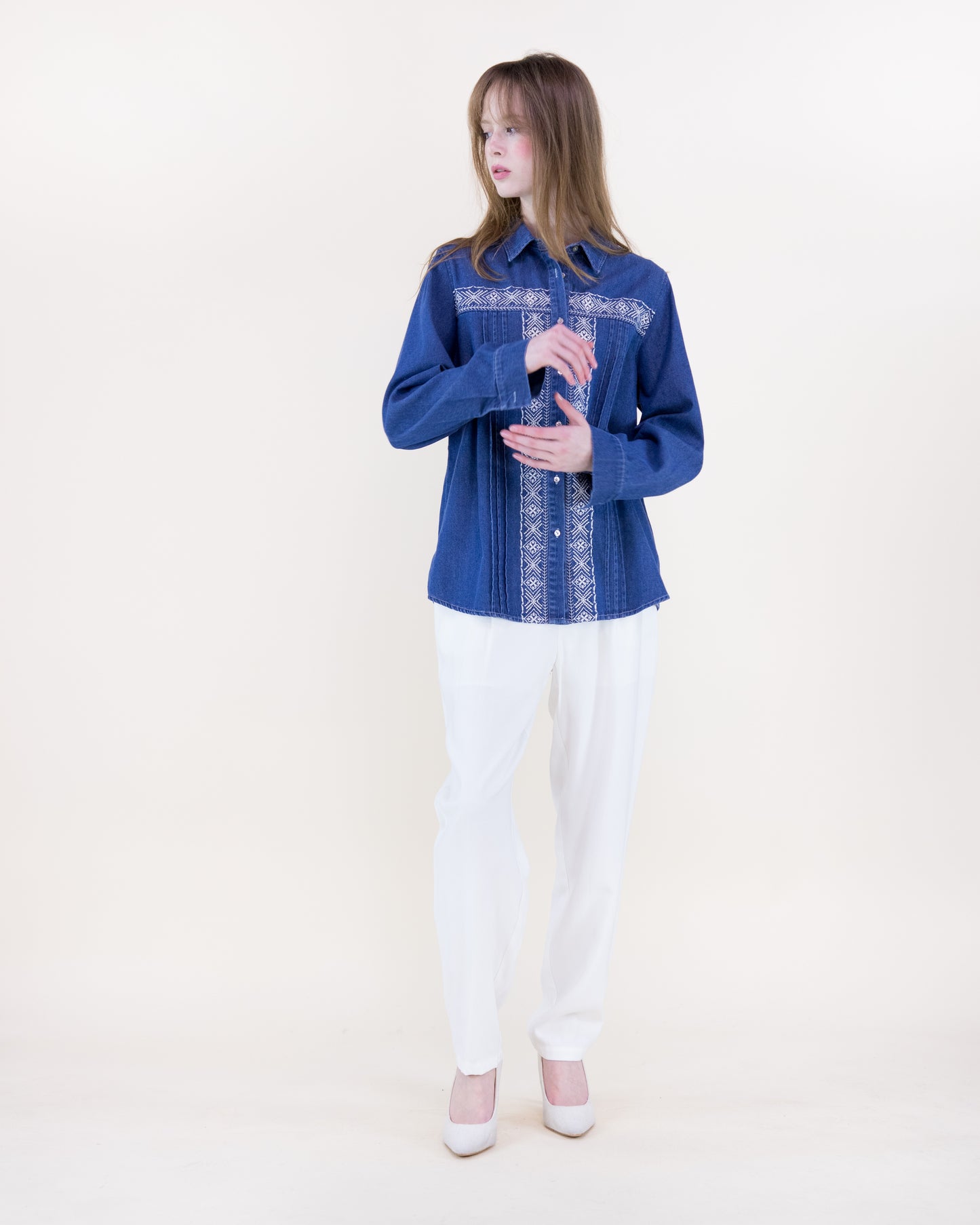 Folk Crosstitch Embroidered Chambray Cotton Button Up Shirt
