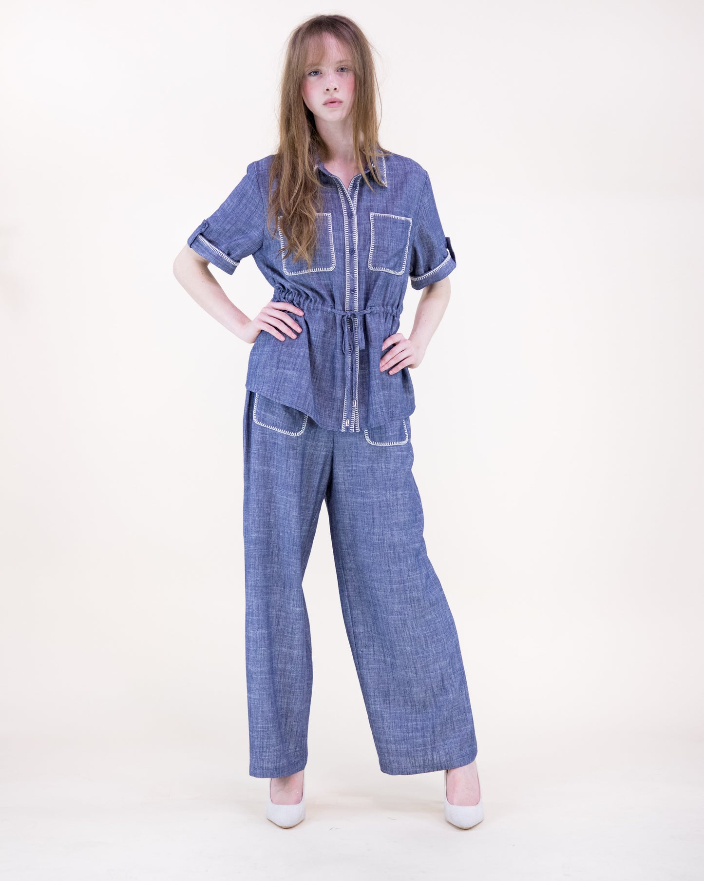 Contrast Stitch Chambray Peplum Shirt