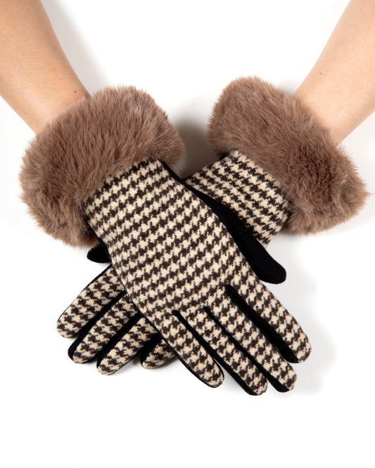 Faux Fur Cuff Mini Houndstooth Gloves (TS)