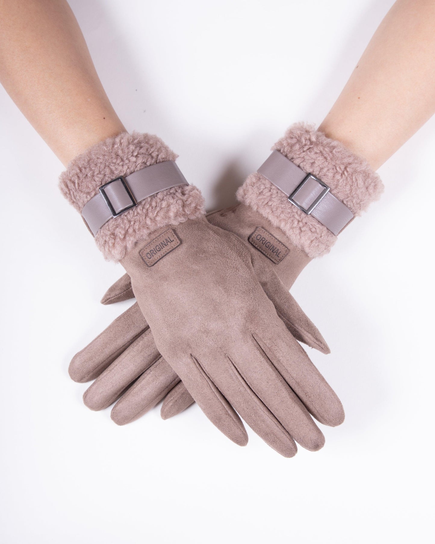 Faux Suede Gloves w/ Faux Strap & Sherpa (TS)