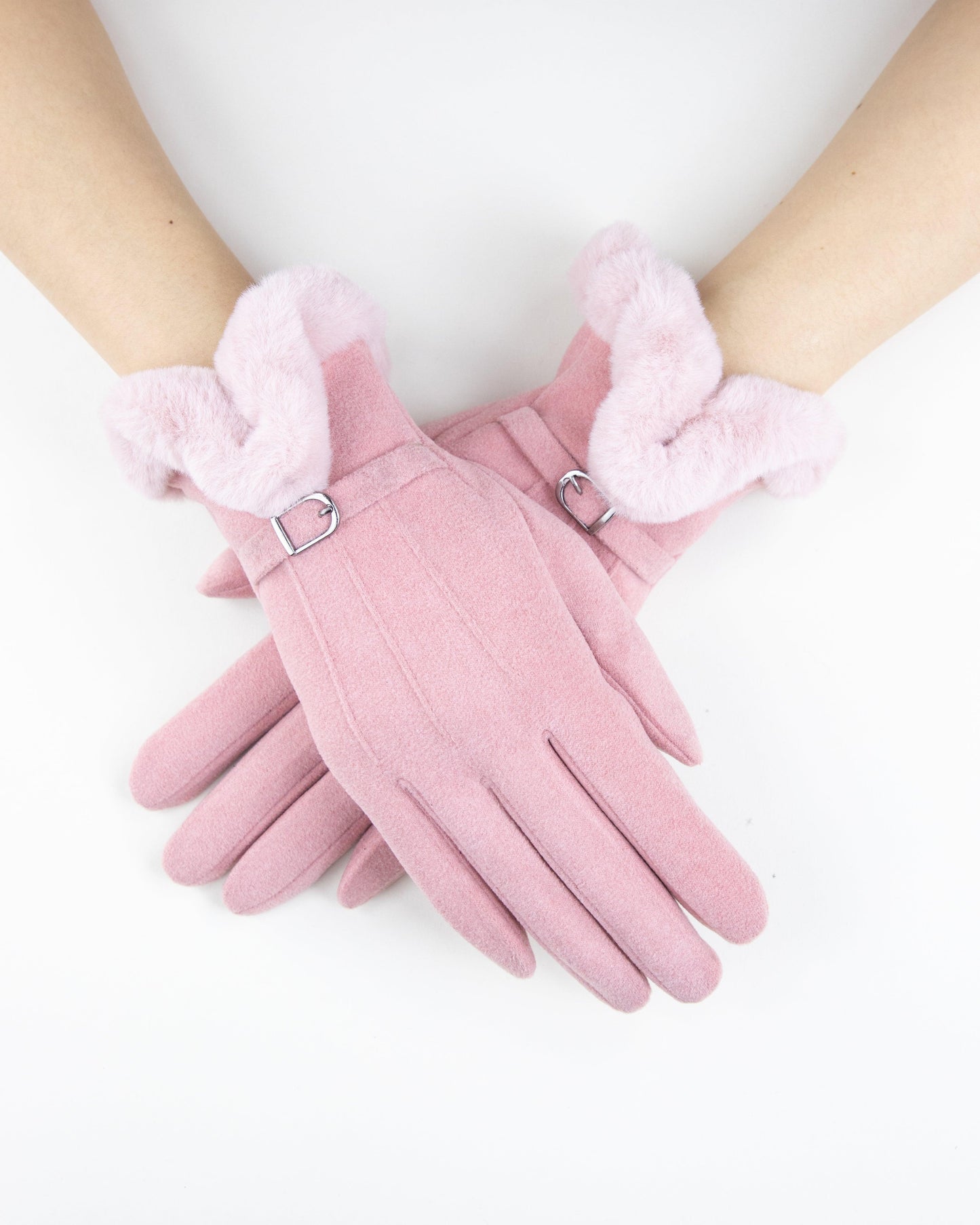 Pastel Tone Gloves w/ Faux Fur Cuff & Strap