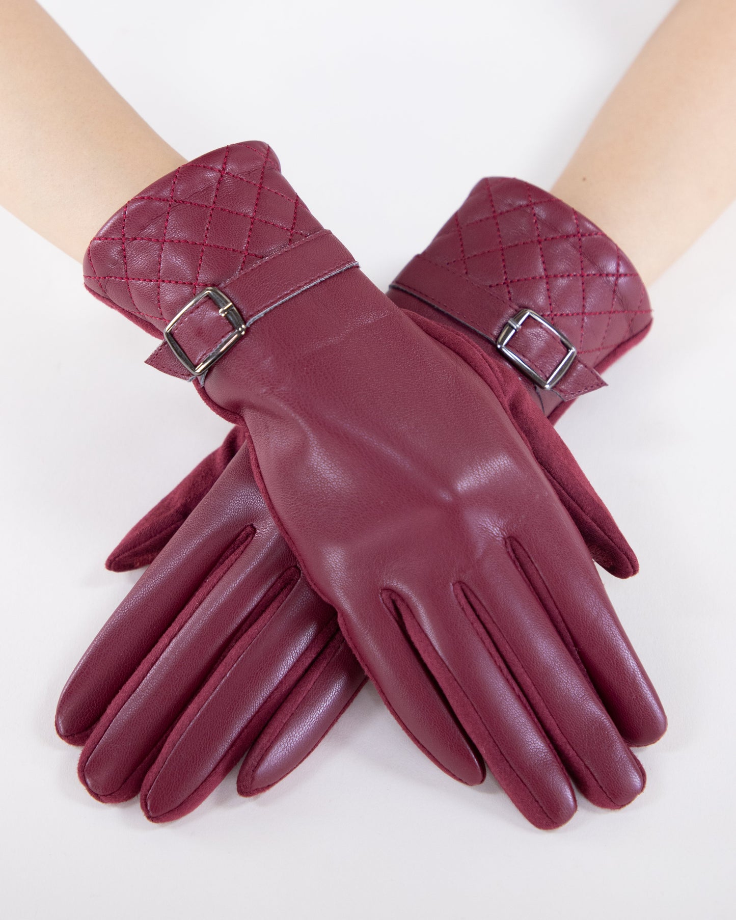 Faux Leather Quilted Cuff and Strap Buckle Gloves