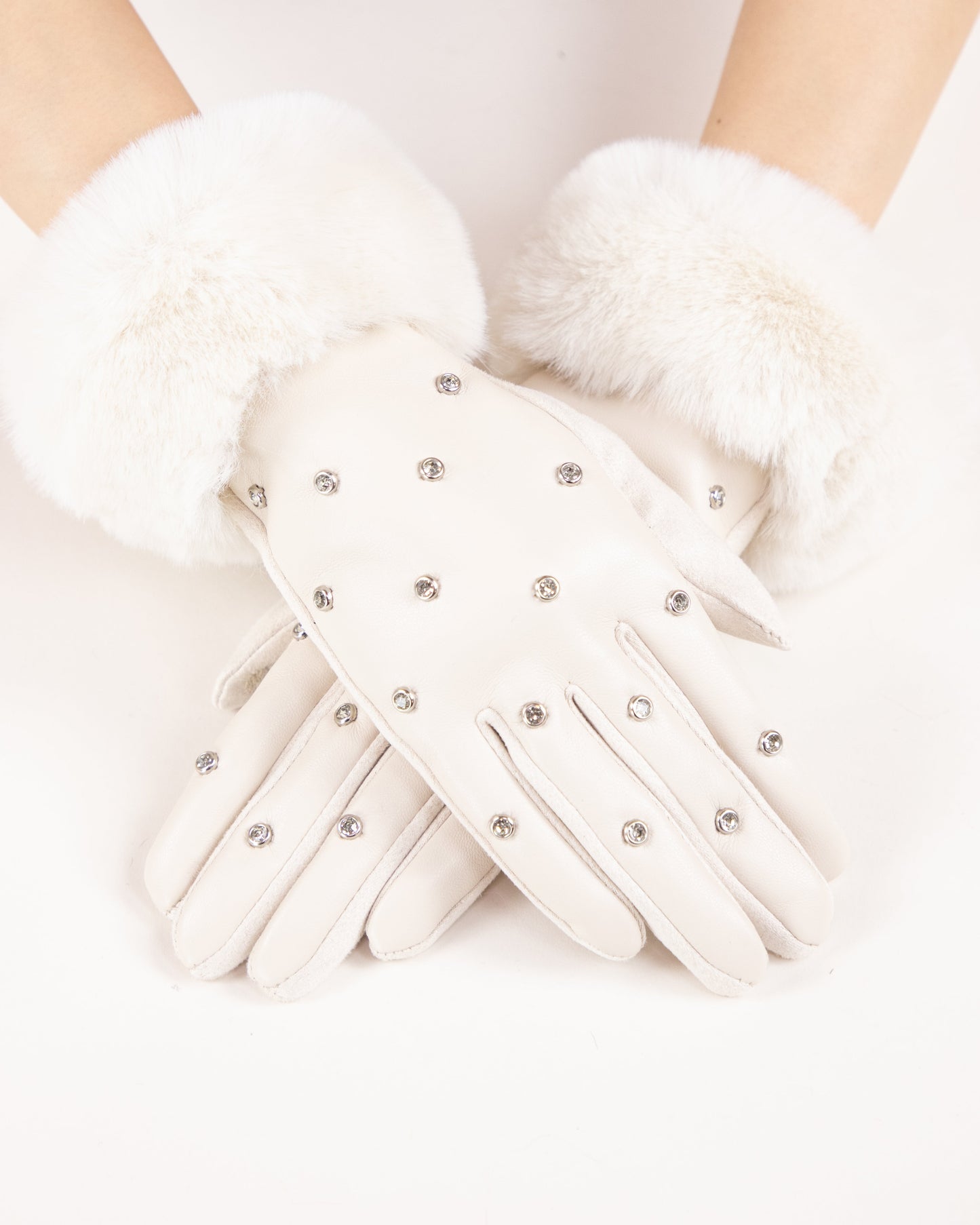 Faux Fur Cuff Rhinestone Studded Gloves (TS)