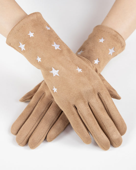 Faux Suede Star Embroidered Gloves (TS)