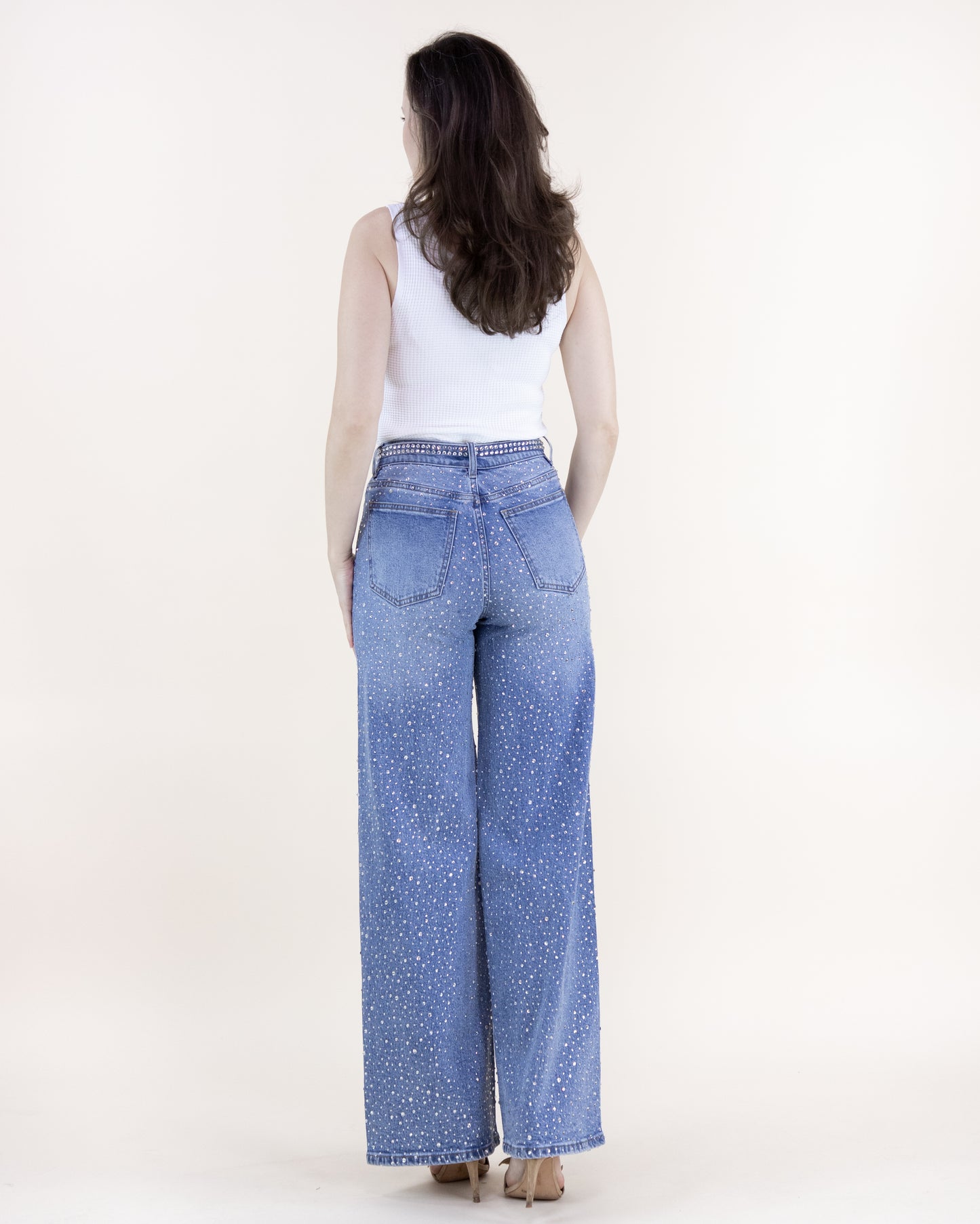 Rhinestone Belted High Rise Wide Leg Jeans
