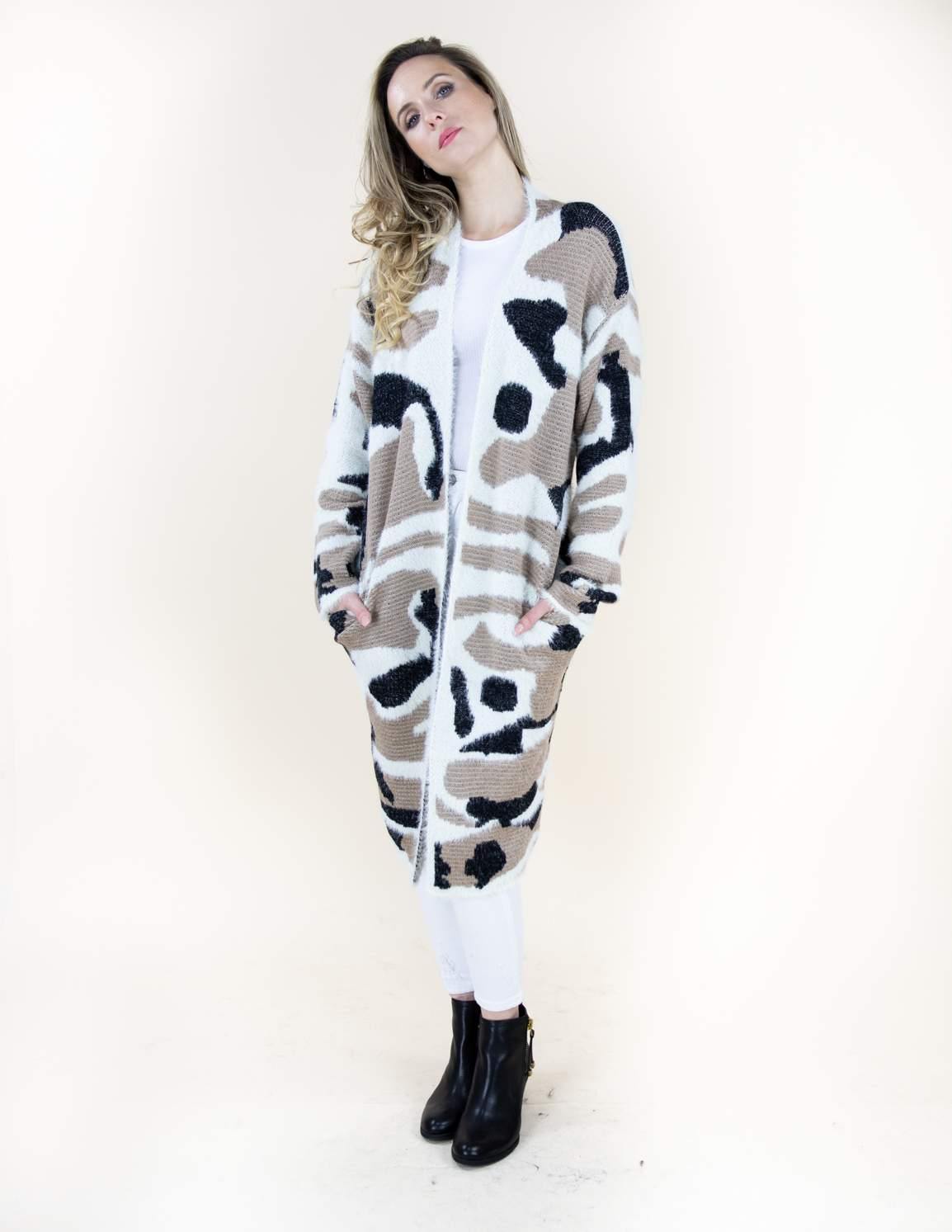 Eyelash Camouflage Long Sleeve Cardigan w/ Pockets