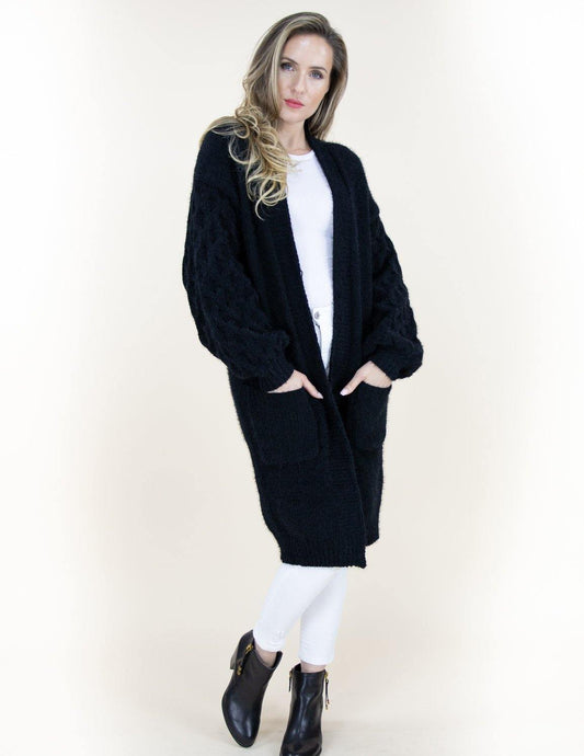 Long Open Pocket Cardigan w/ Braid Knitted Sleeves