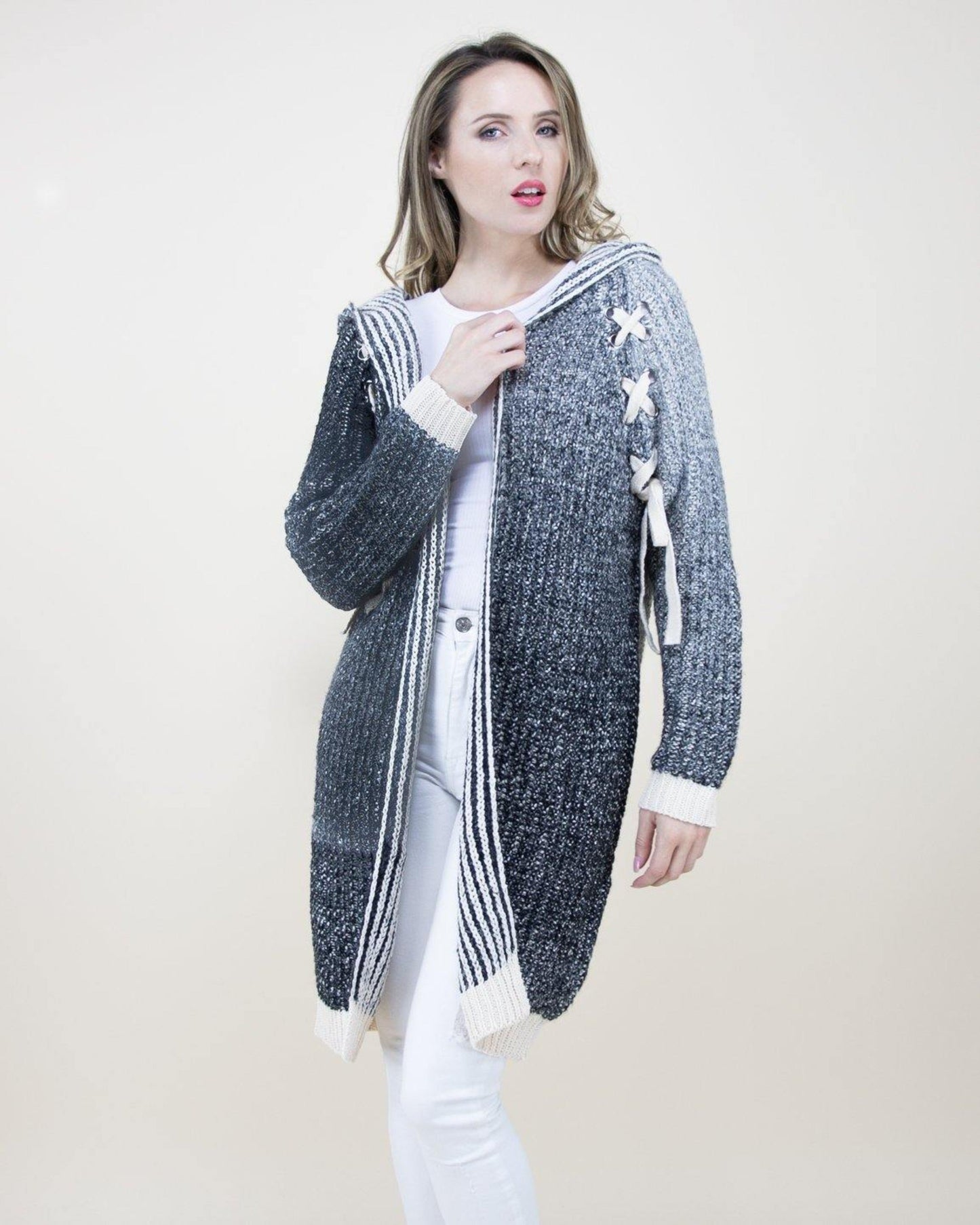 Long Cardigan Laced Shoulder w/ Hood