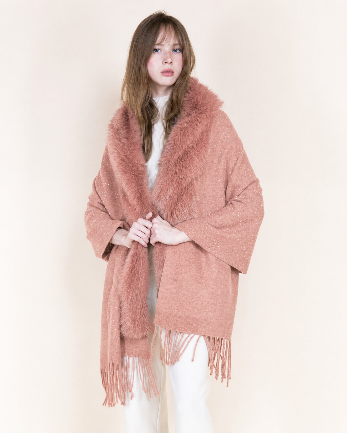 Rhinestone Solid Faux Fur Edge Scarf