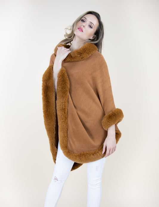 Trimmed Faux Fur Poncho