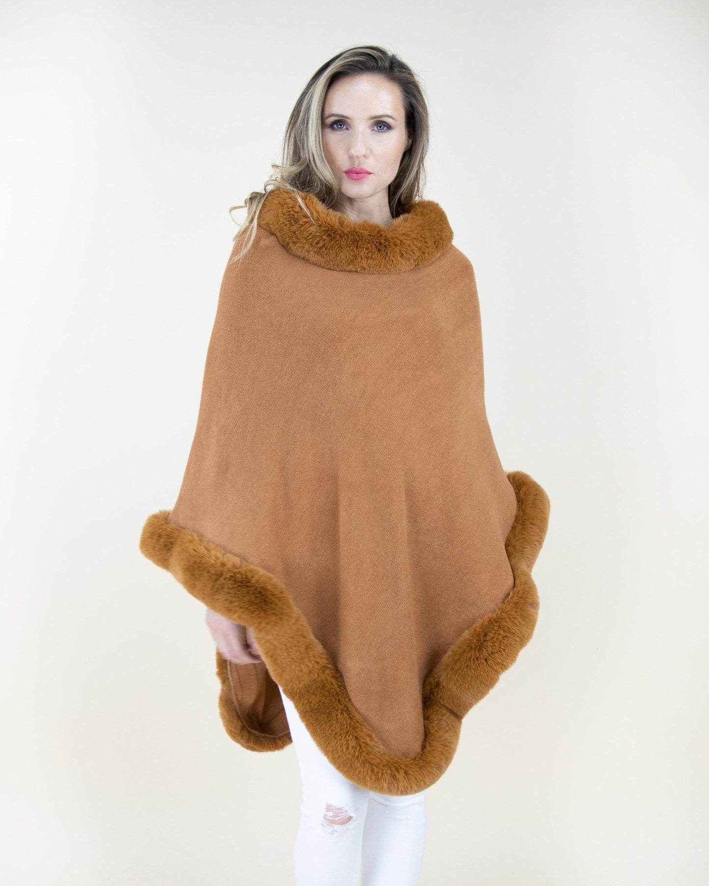 Trimmed Faux Fur Poncho