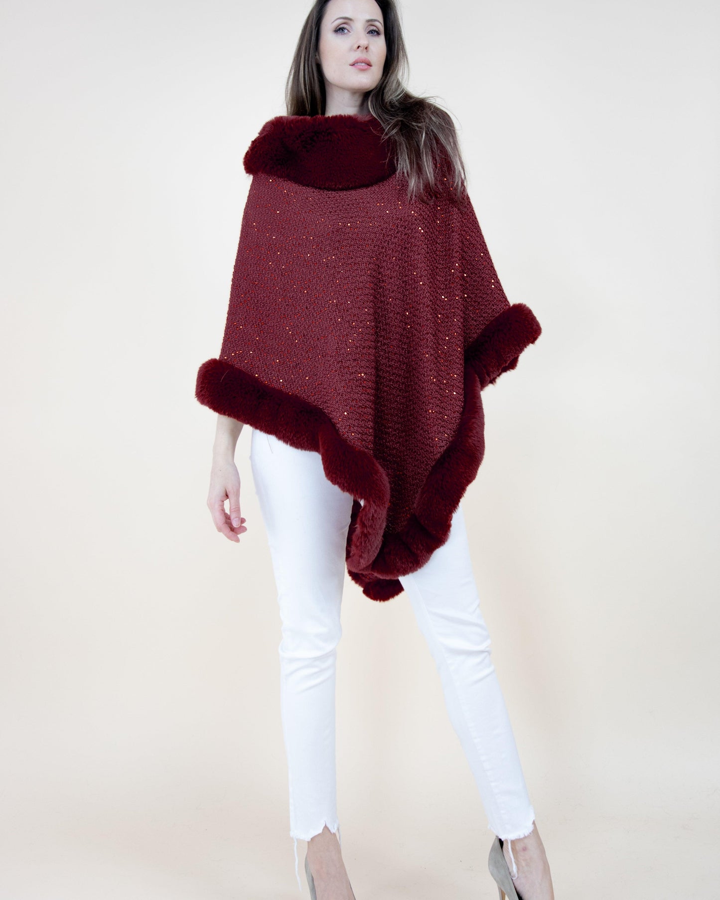 Sequin Detailed Poncho w/ Faux Fur Trim