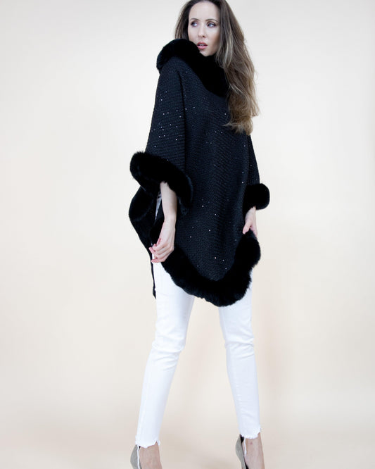 Sequin Detailed Poncho w/ Faux Fur Trim