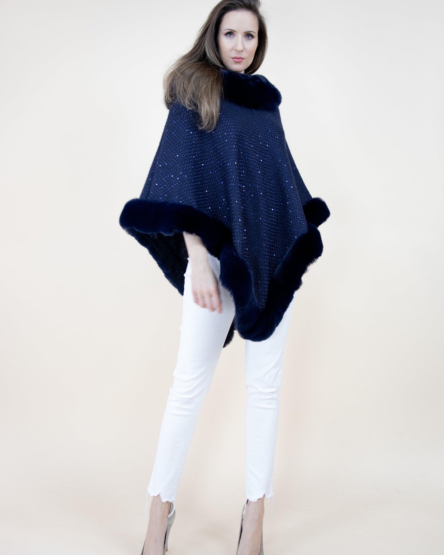 Sequin Detailed Poncho w/ Faux Fur Trim