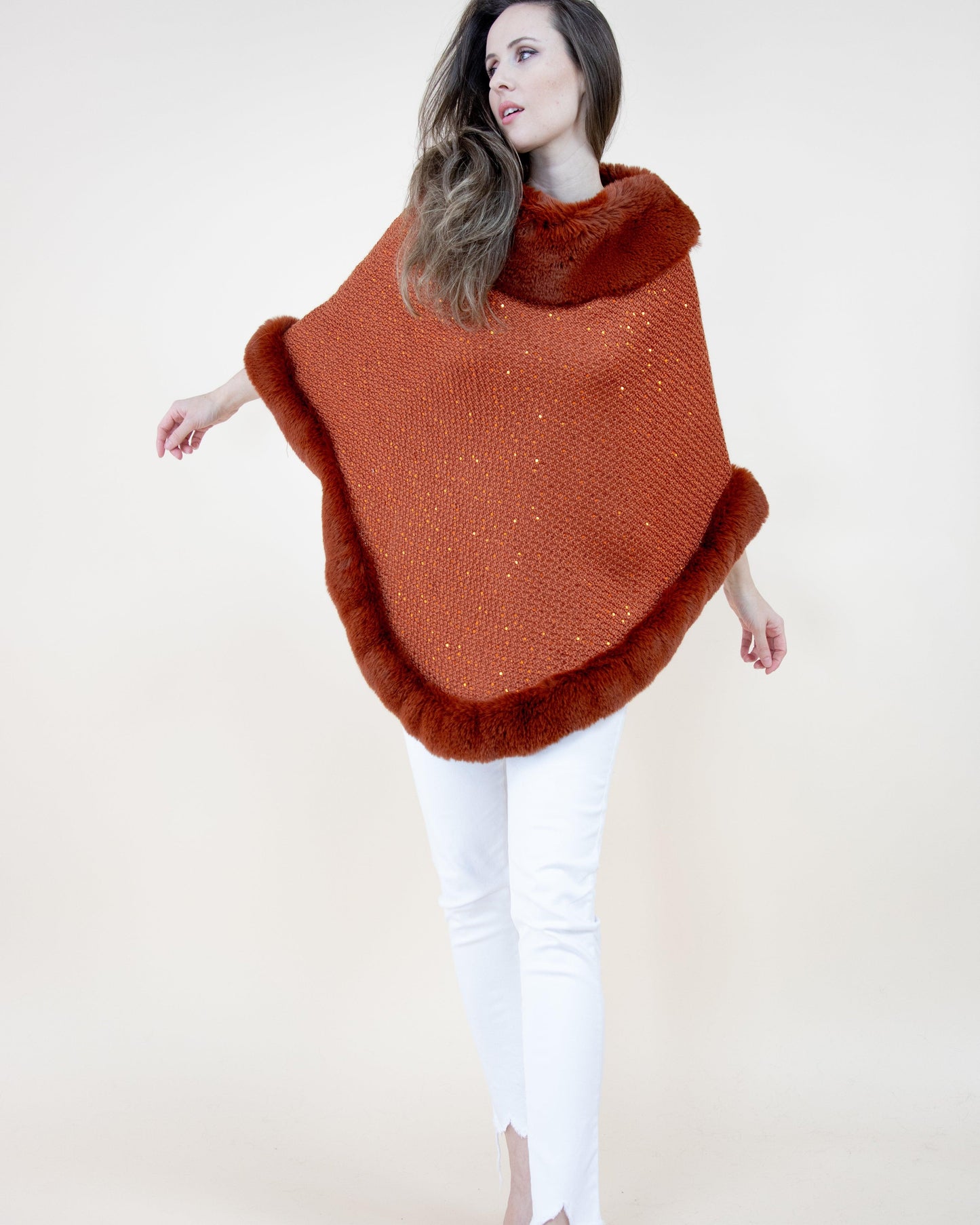 Sequin Detailed Poncho w/ Faux Fur Trim