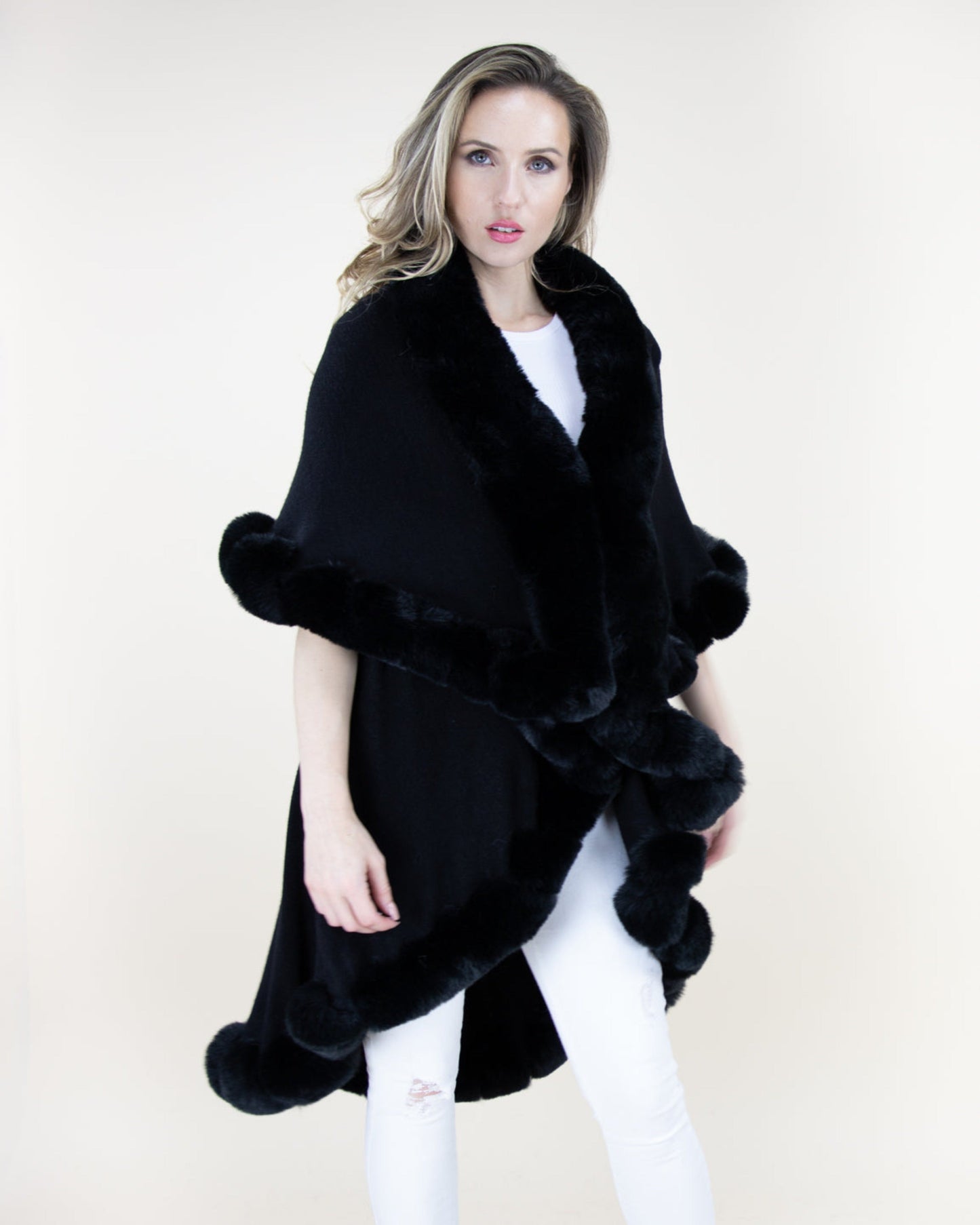 Trimmed Multi Layer Faux Fur Cape