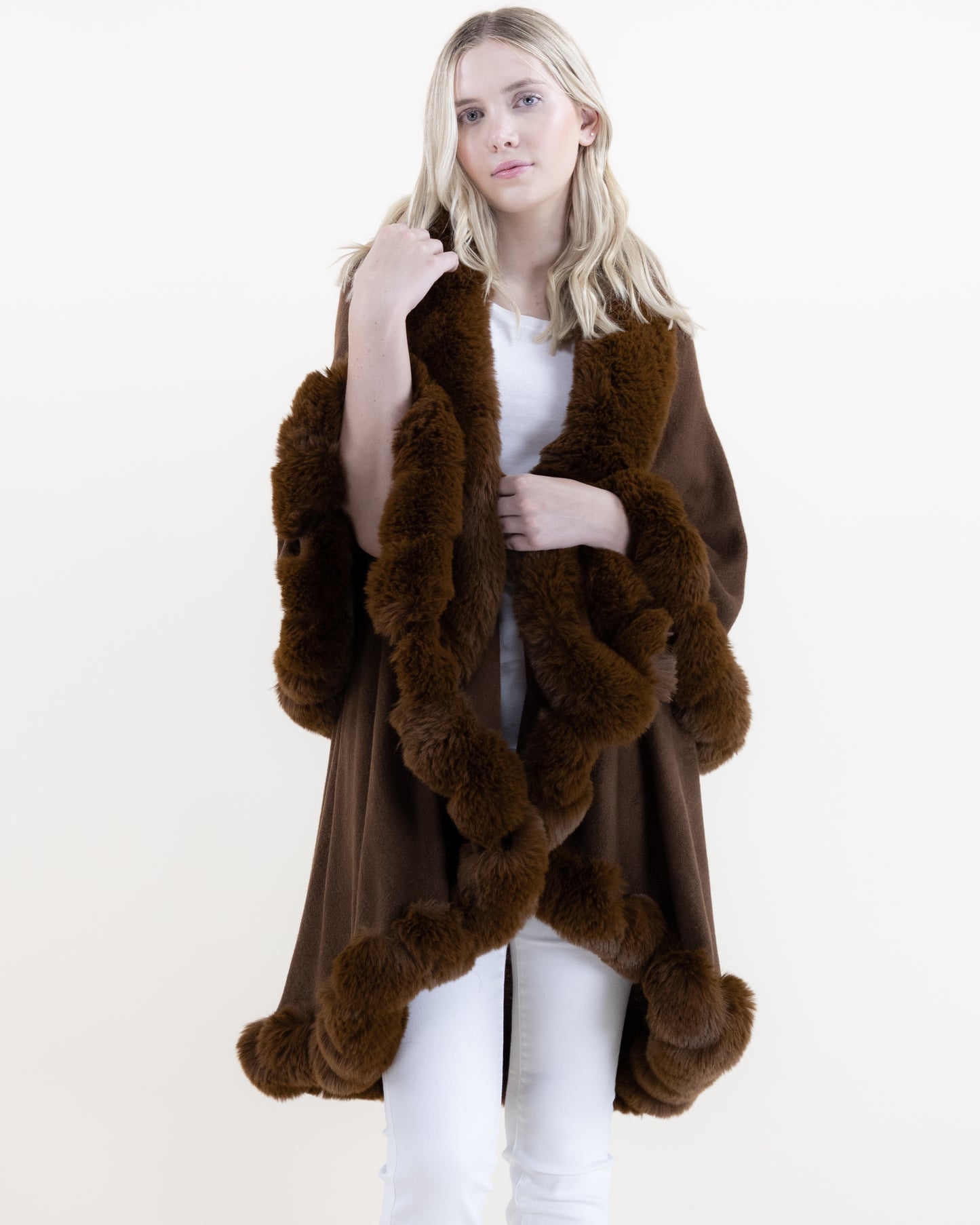 Trimmed Multi Layer Faux Fur Cape
