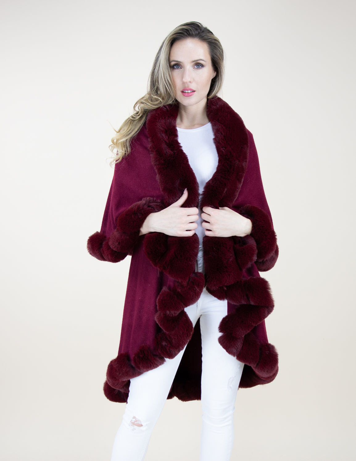 Trimmed Multi Layer Faux Fur Cape