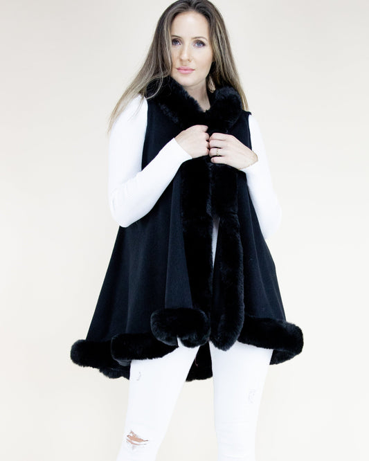 Trimmed Faux Fur Sleeveless Vest w/ Hood