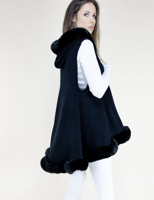 Trimmed Faux Fur Sleeveless Vest w/ Hood