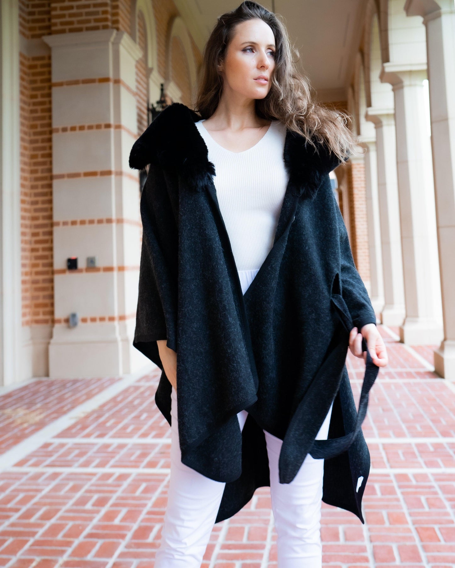 Puffy Faux Fur Shawl Coat w/ Belt